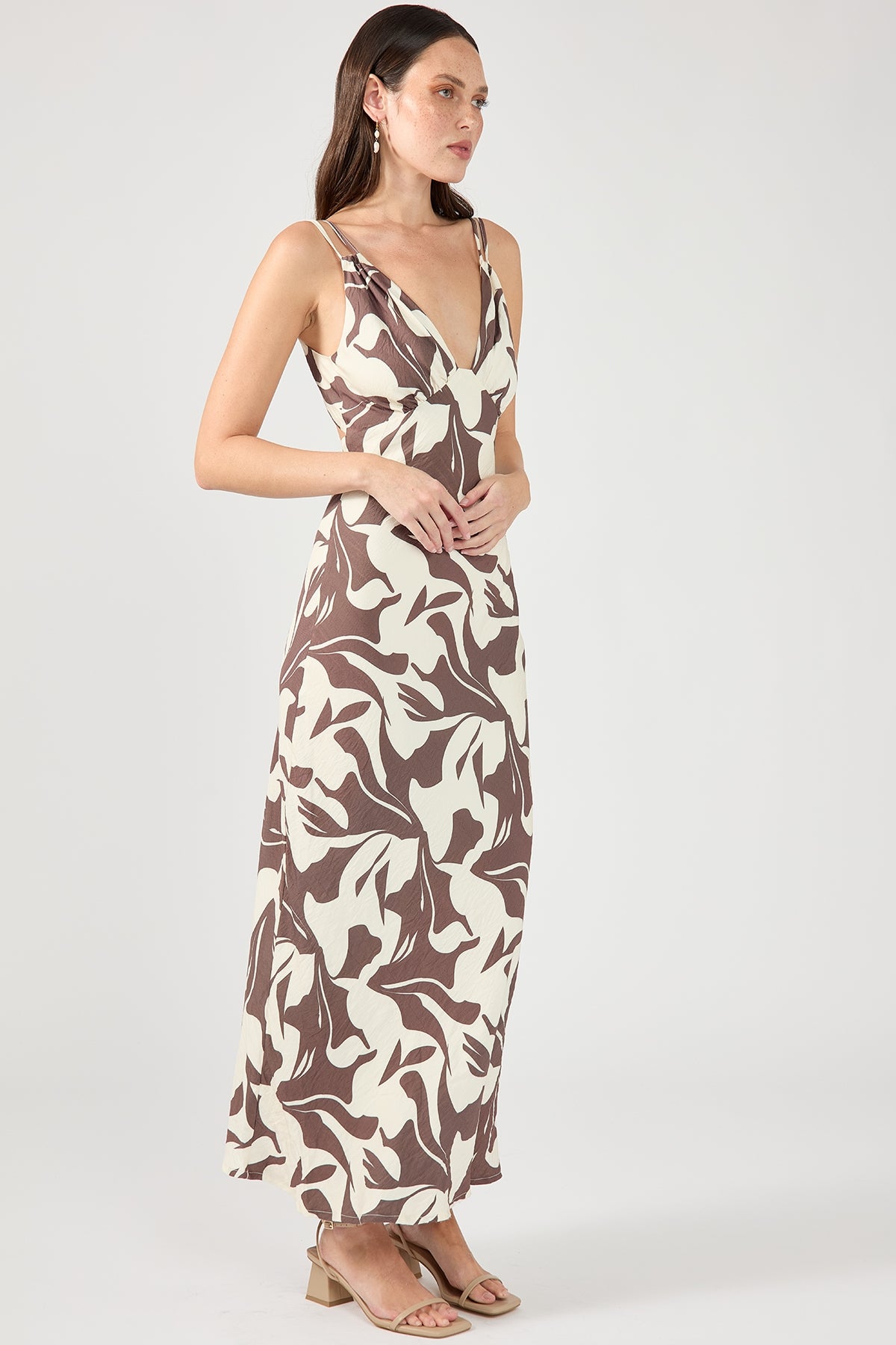 Perfect Stranger Espresso Tie Back Midi Dress Brown Print