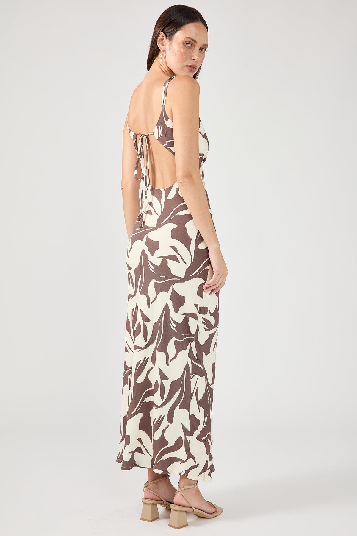 Perfect Stranger Espresso Tie Back Midi Dress Brown Print