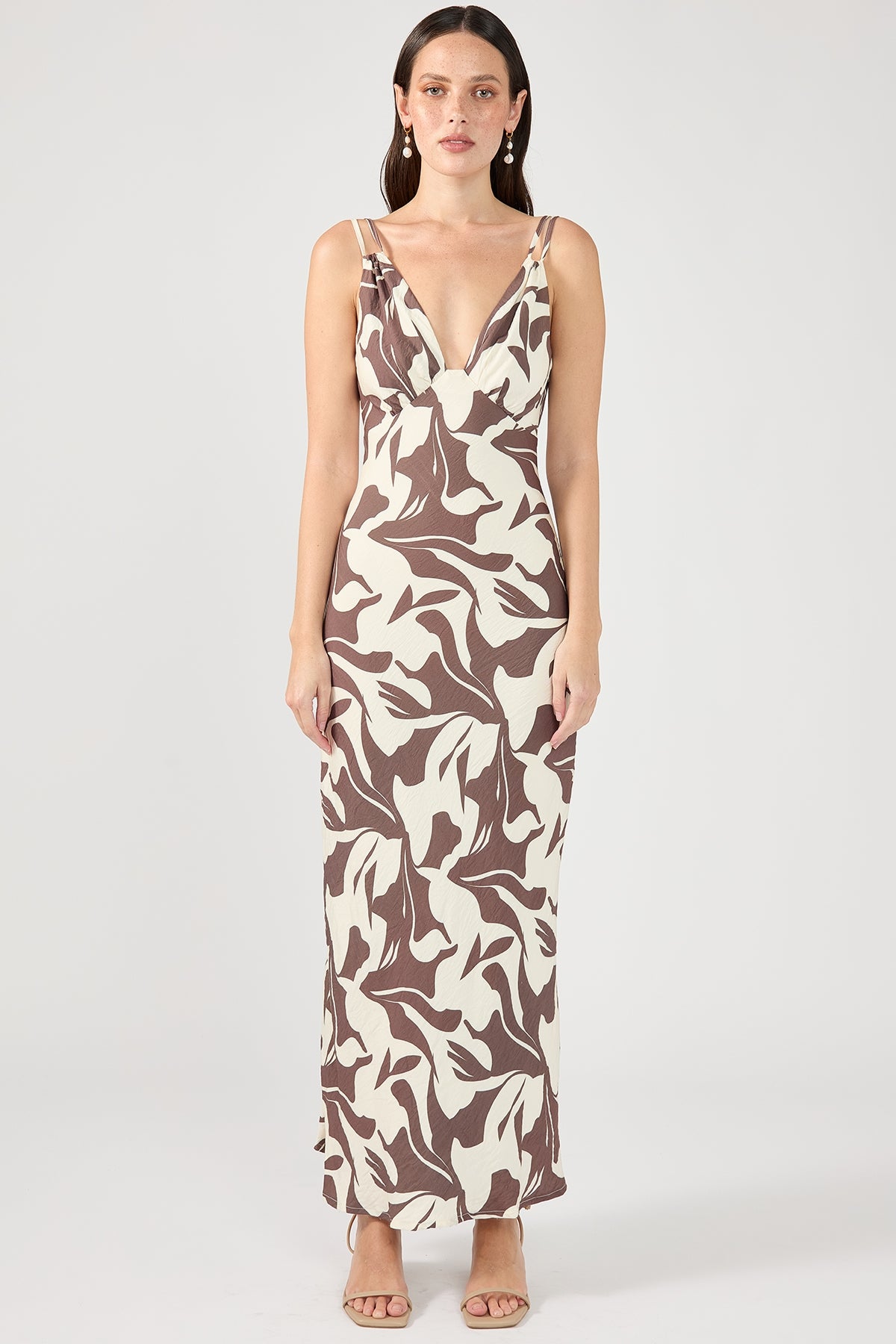 Perfect Stranger Espresso Tie Back Midi Dress Brown Print