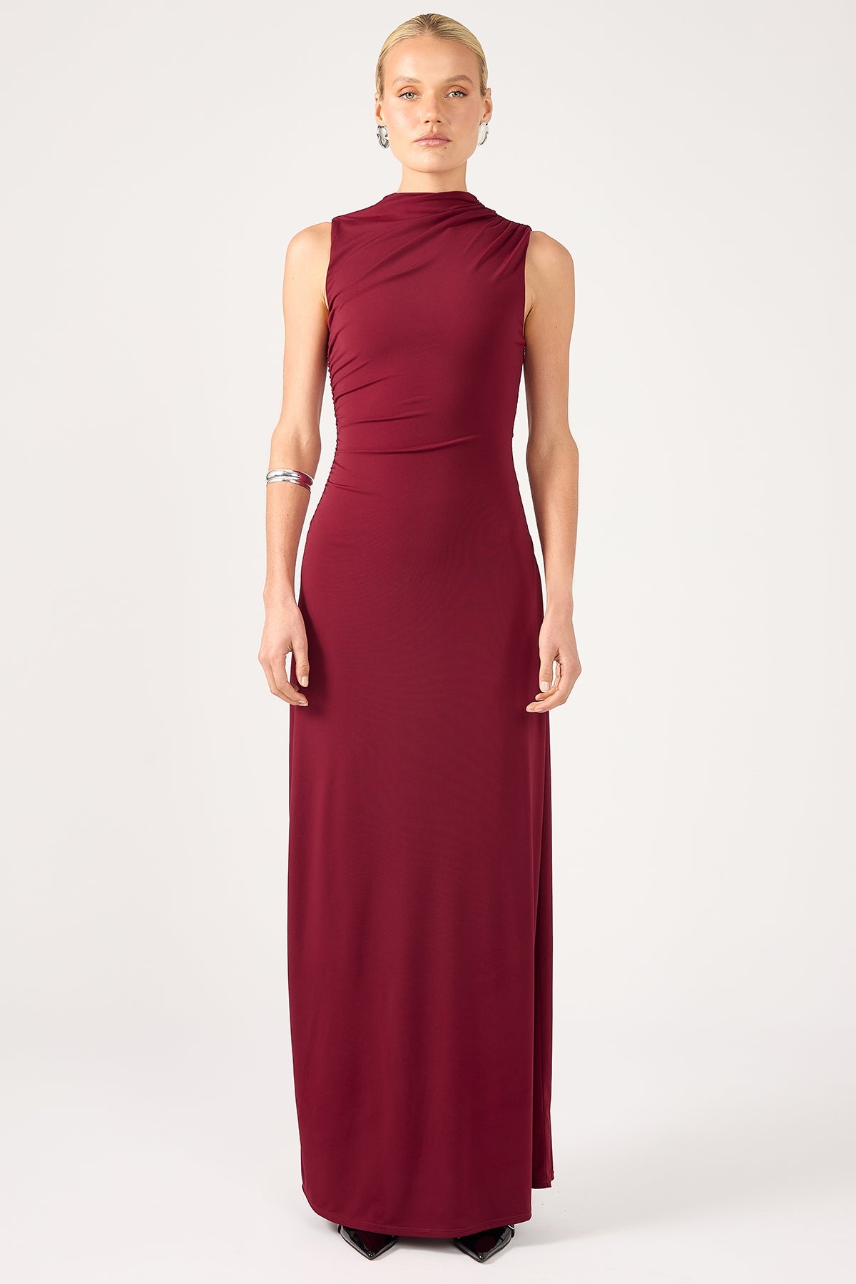 Perfect Stranger Rosewood High Neck Maxi Dress Burgundy