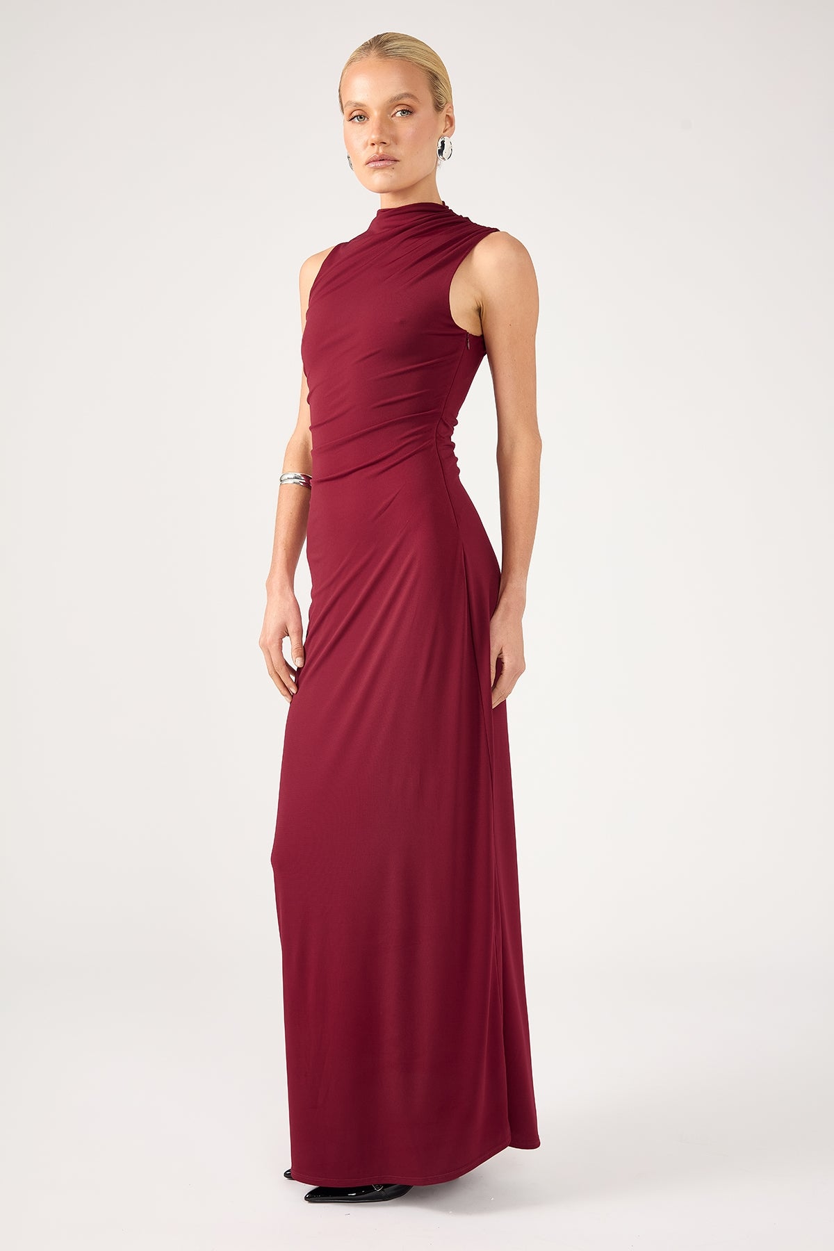 Perfect Stranger Rosewood High Neck Maxi Dress Burgundy