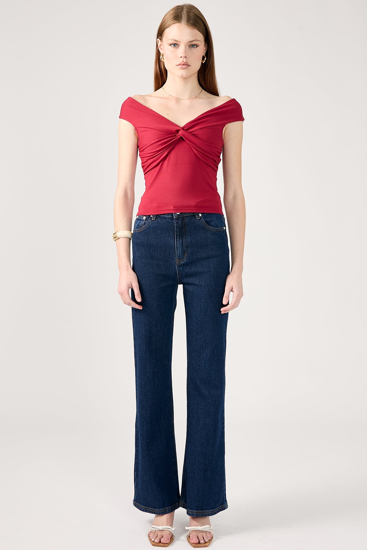 Perfect Stranger Chloe Draped Off Shoulder Top Burgundy