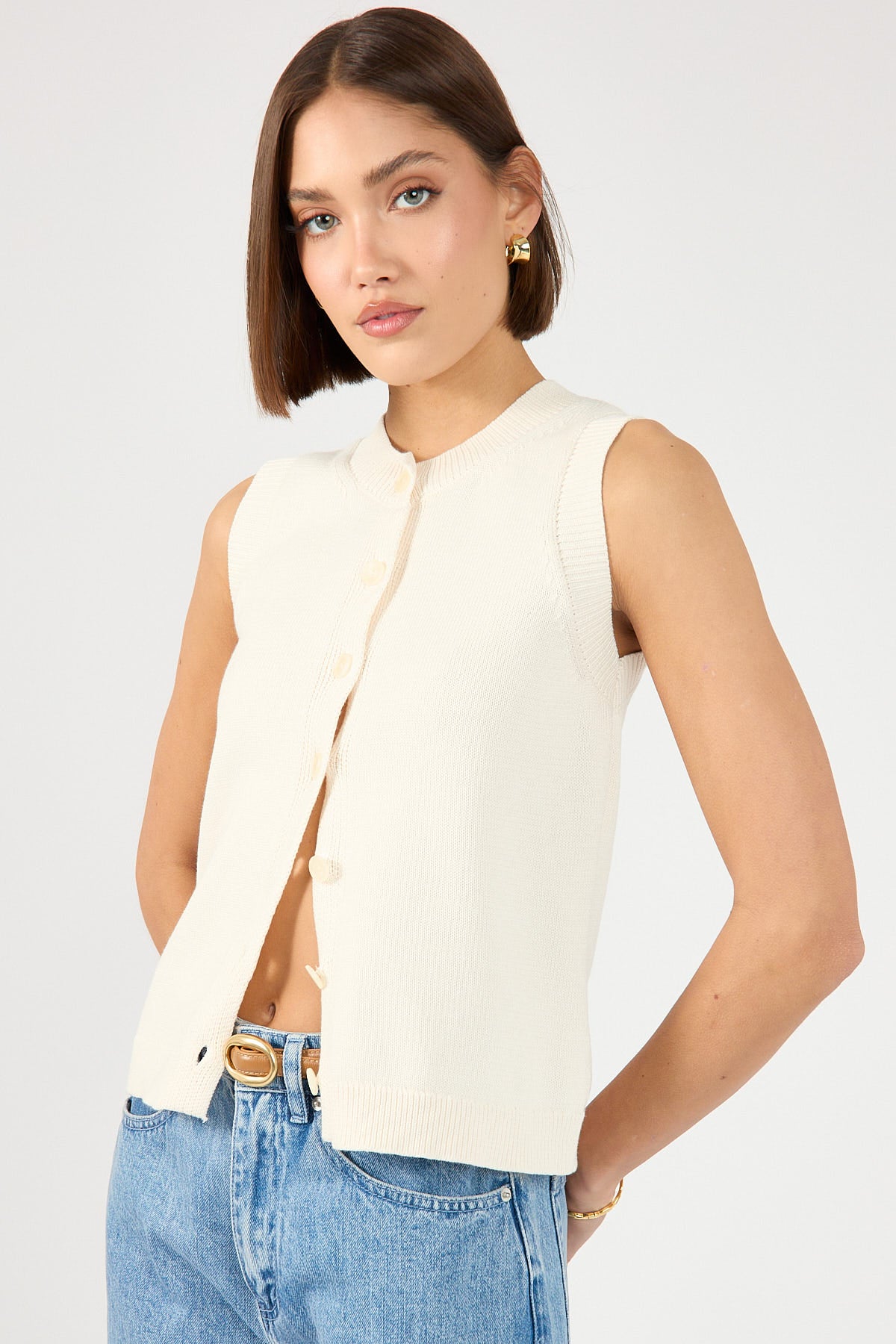 Perfect Stranger Connie Button Up Sleeveless Vest Bone