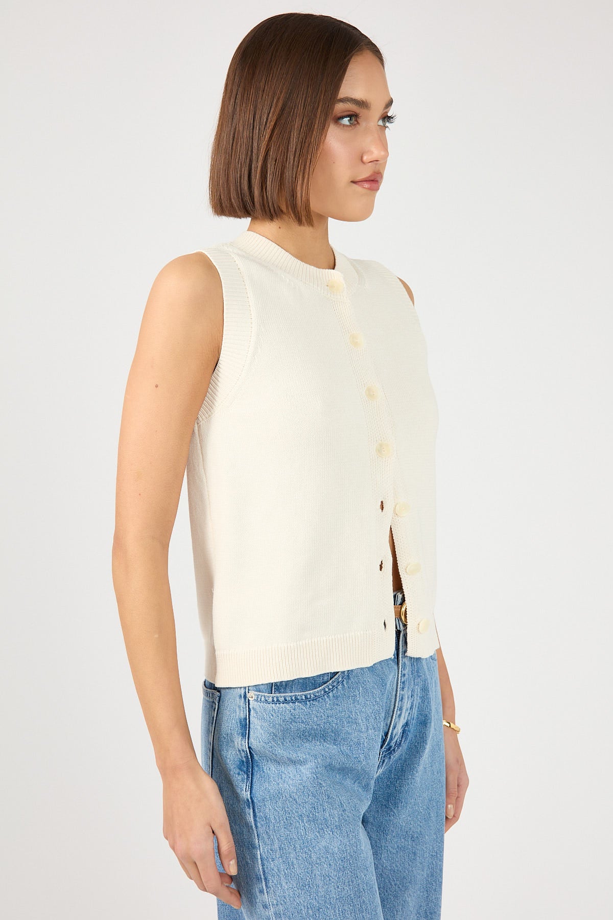 Perfect Stranger Connie Button Up Sleeveless Vest Bone