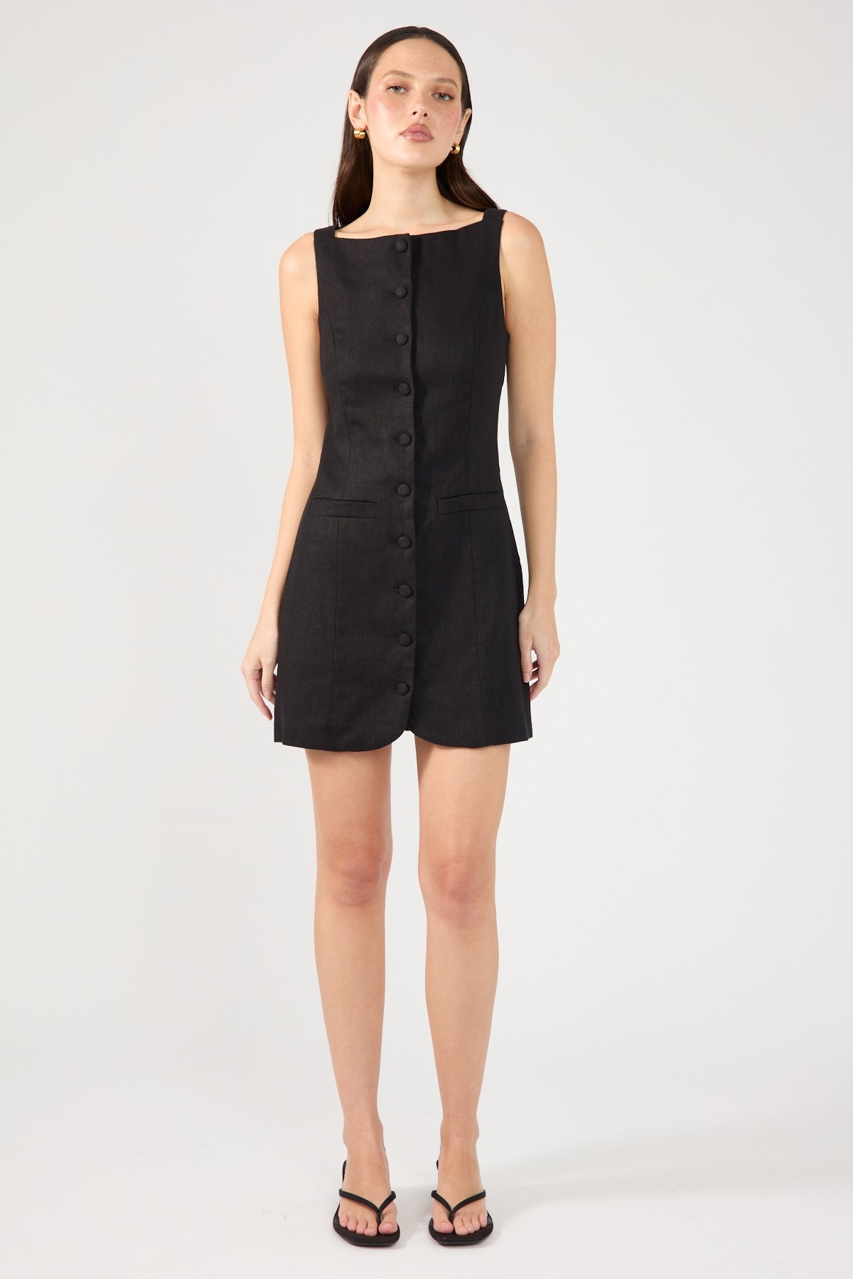 Perfect Stranger High Neck Button Up Linen Mini Dress Black