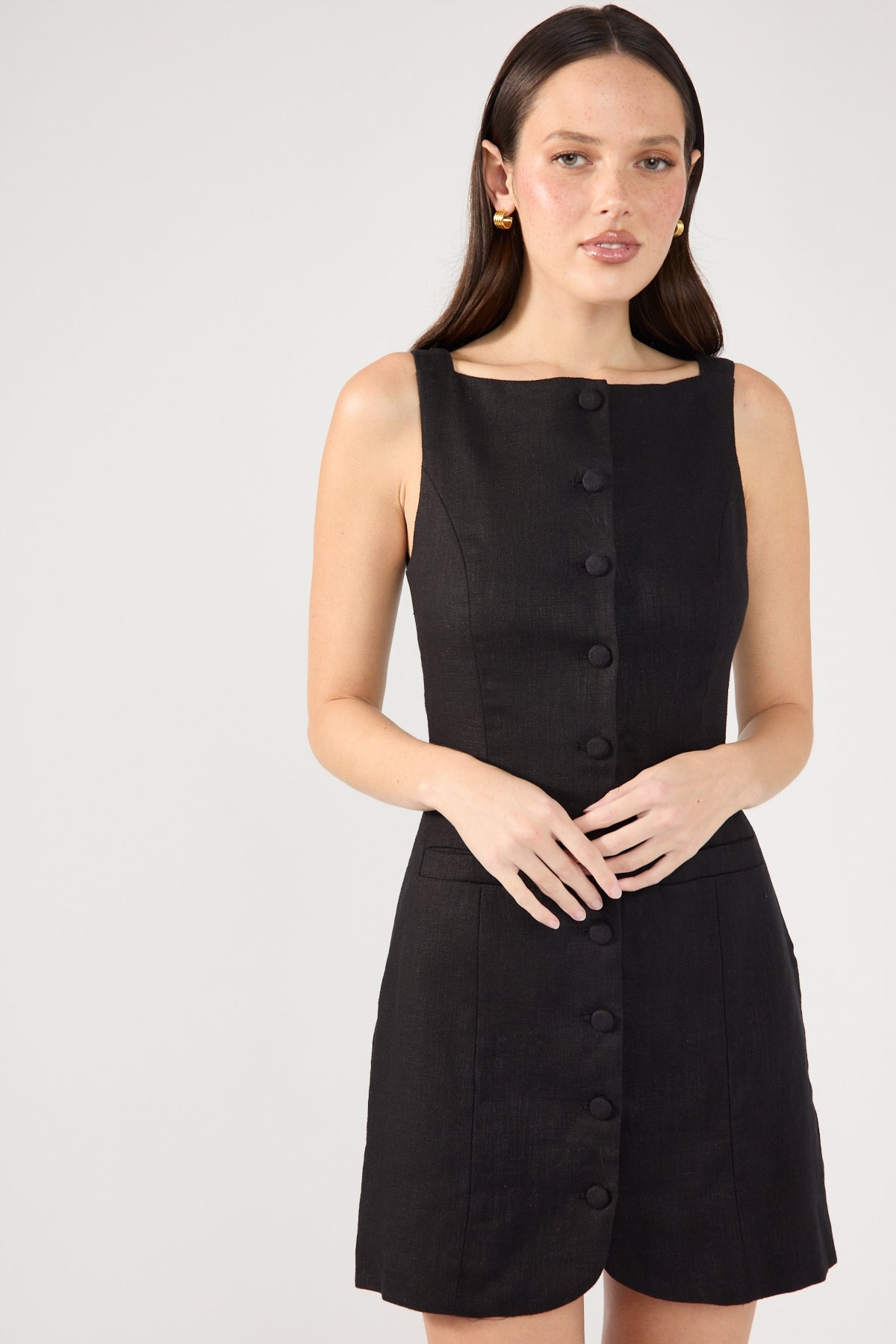 Perfect Stranger High Neck Button Up Linen Mini Dress Black