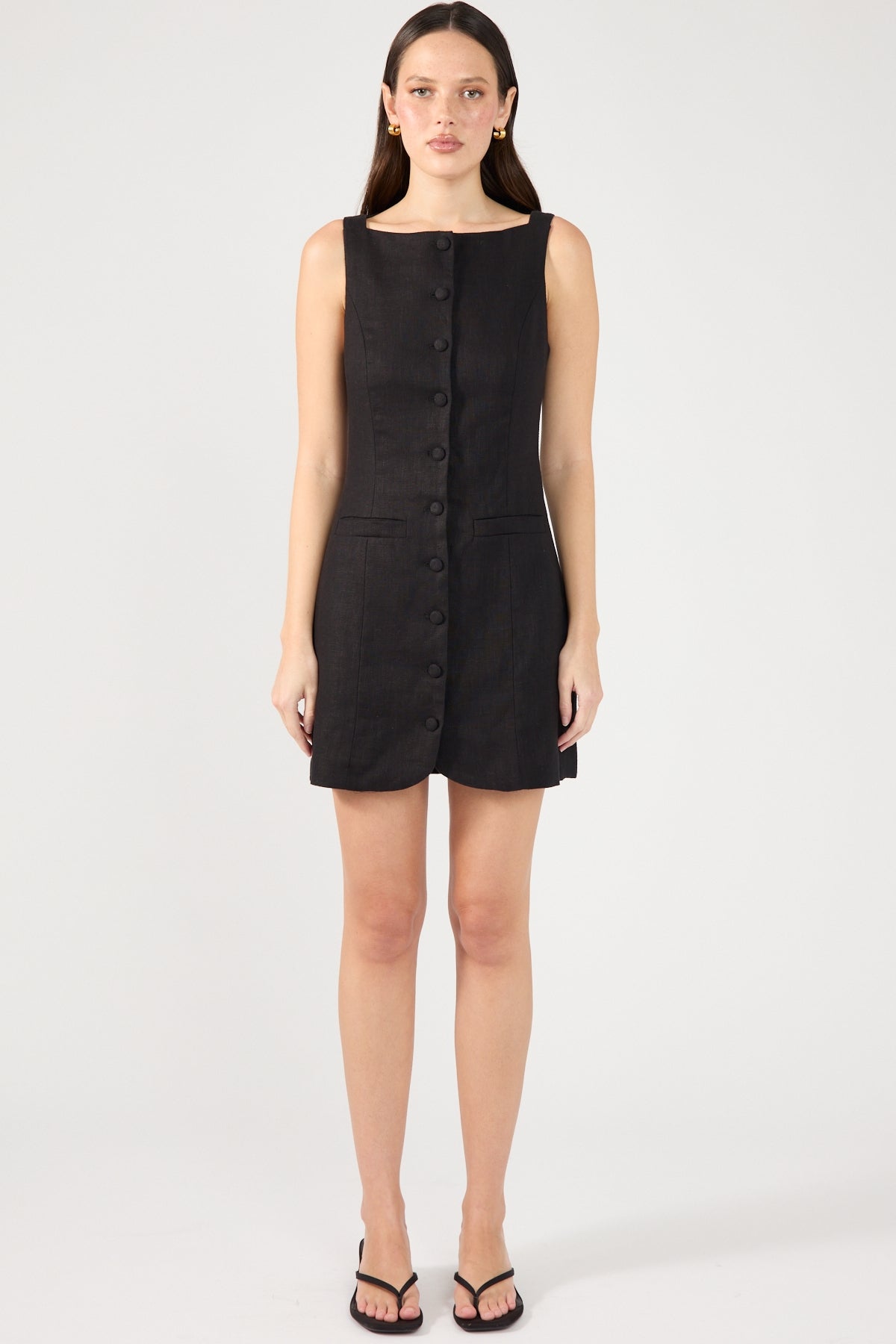 Perfect Stranger High Neck Button Up Linen Mini Dress Black