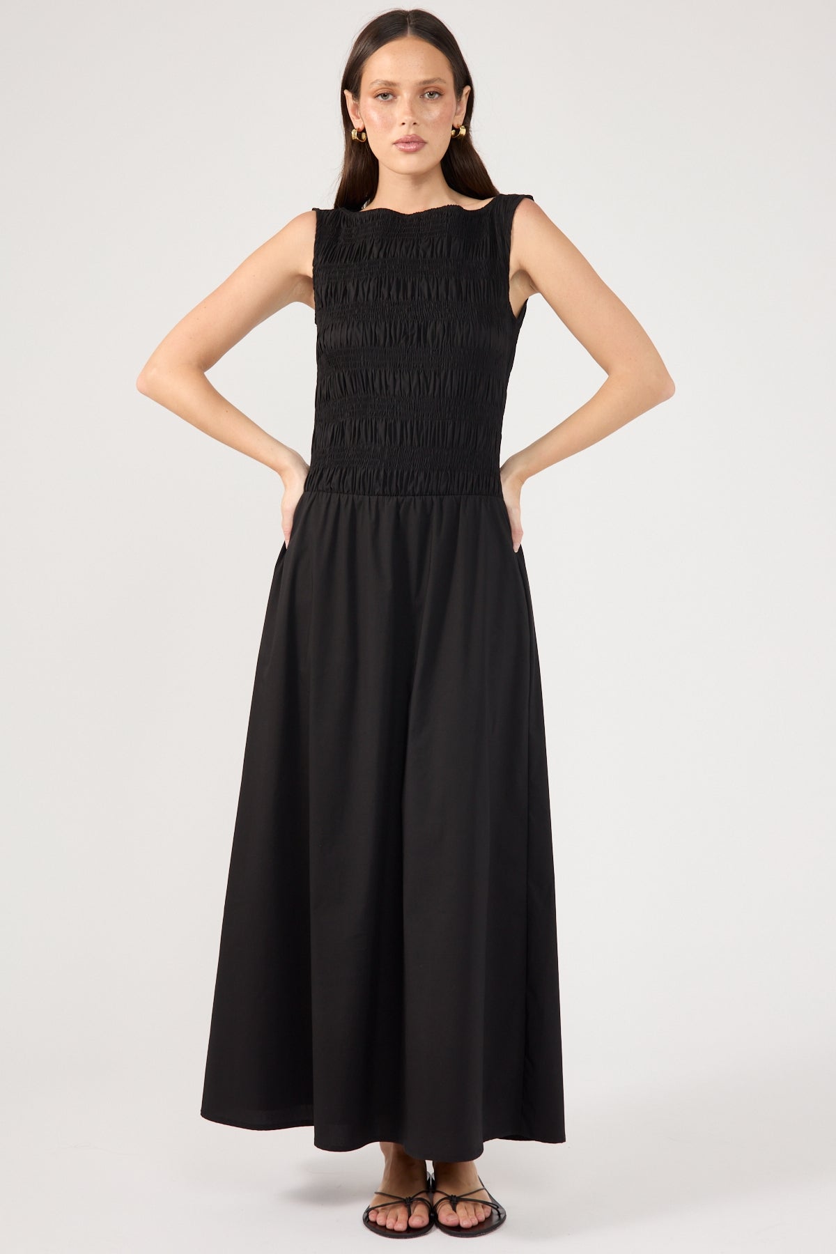 Perfect Stranger Shirred High Neck Midi Dress Black