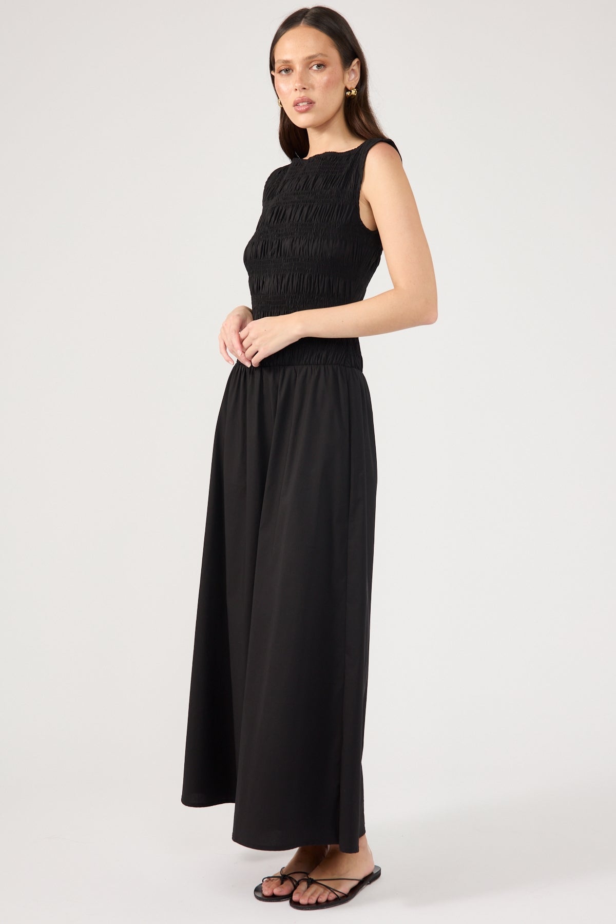 Perfect Stranger Shirred High Neck Midi Dress Black