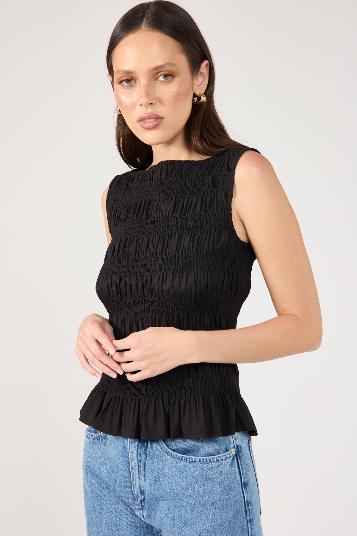 Perfect Stranger Shirred High Neck Top Black