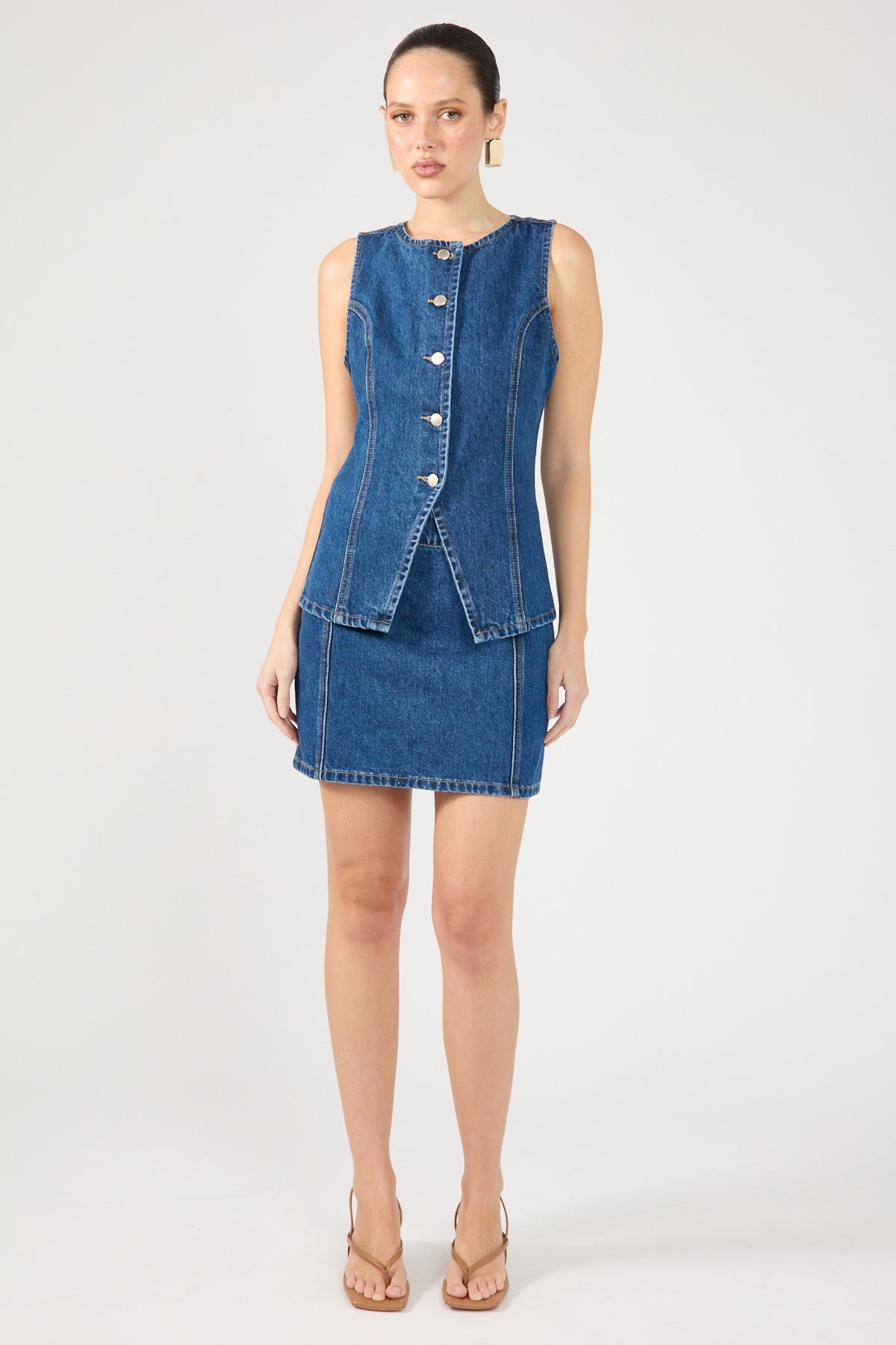 Perfect Stranger Mika Denim Button Up Vest Mid Blue Denim