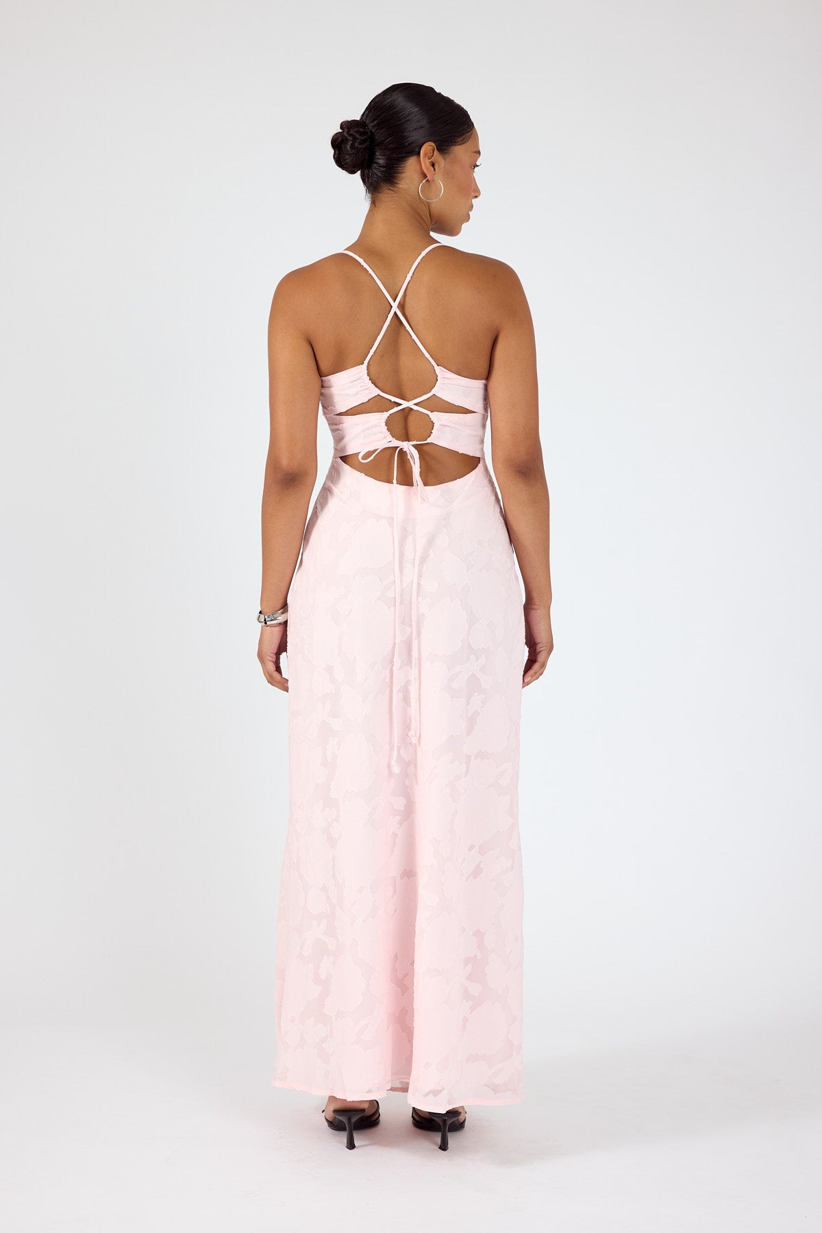 strapless open back dress Perfect Stranger Evon Lace Up Back Maxi Dress Light Pink