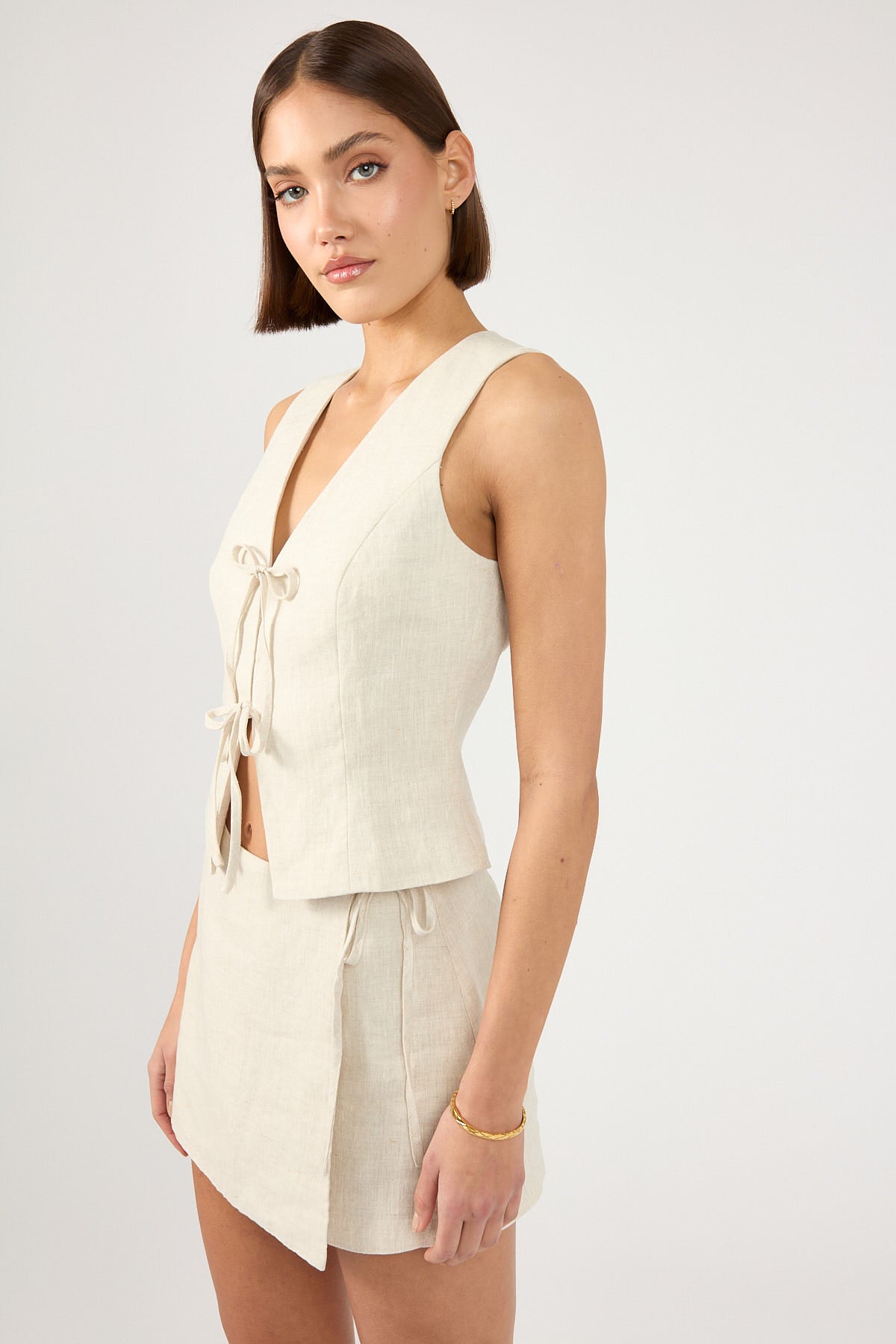 Perfect Stranger Linen Tie Up Vest Top Oatmeal