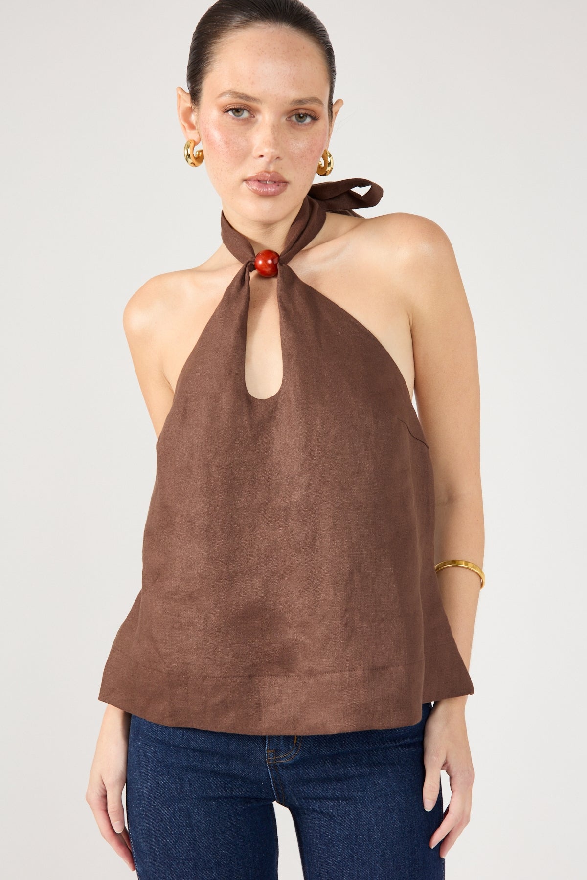 Perfect Stranger Amber Tie Linen Top Brown