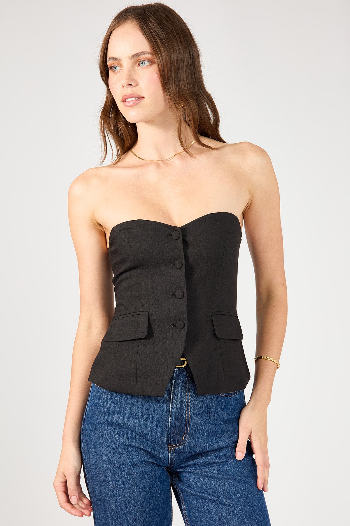 Perfect Stranger Luca Strapless Button Up Top Black