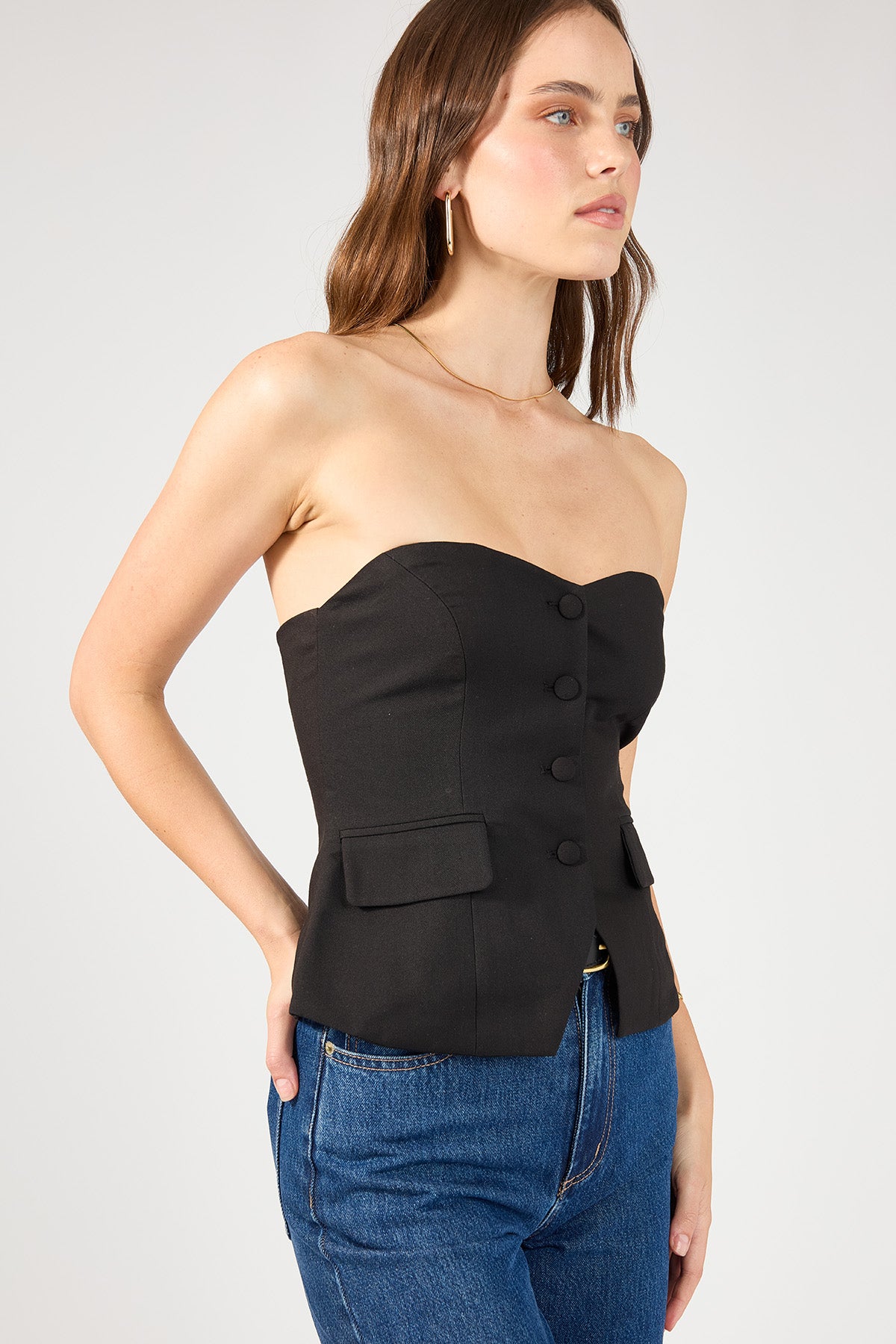 Perfect Stranger Luca Strapless Button Up Top Black