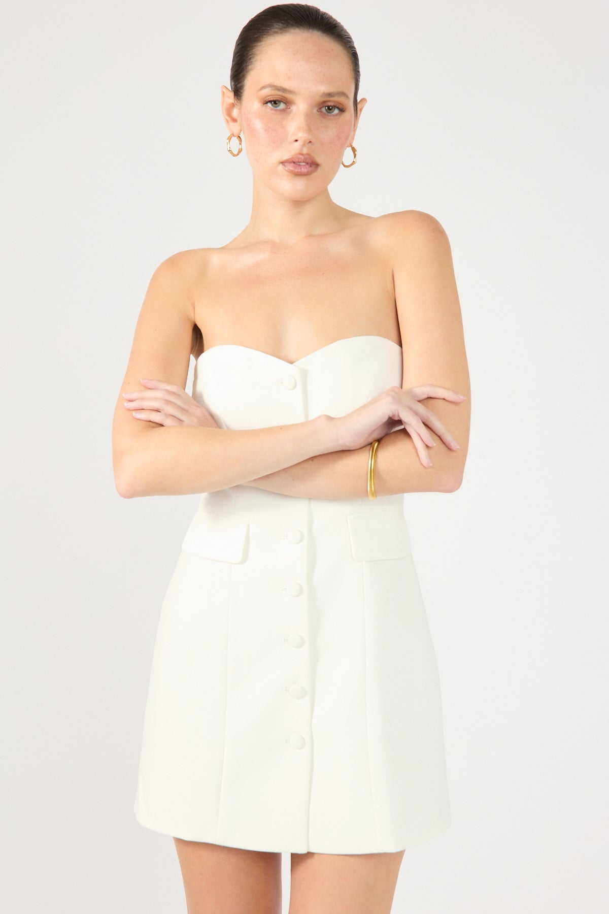 Perfect Stranger Luca Strapless Button Up Mini Dress White
