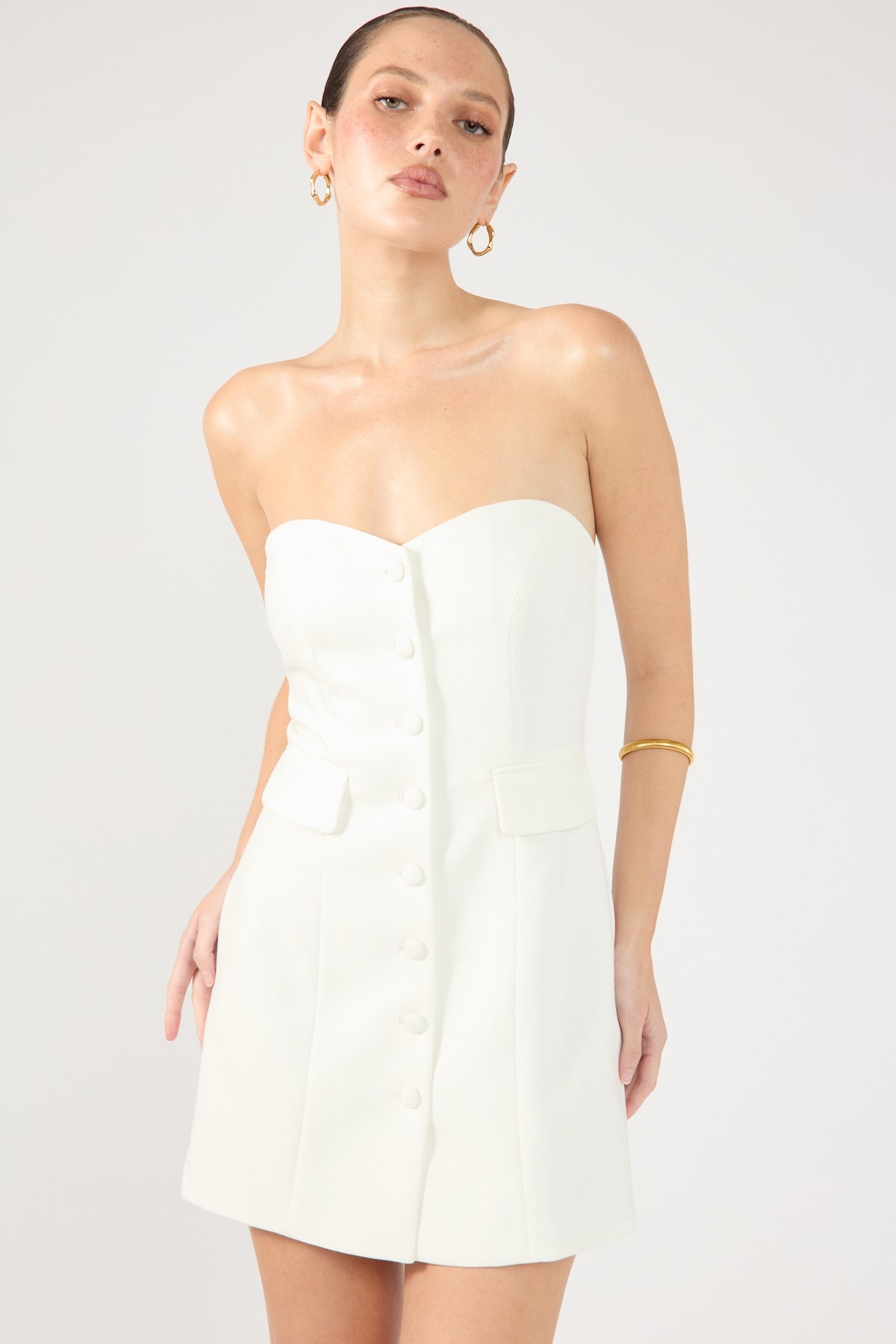 Perfect Stranger Luca Strapless Button Up Mini Dress White