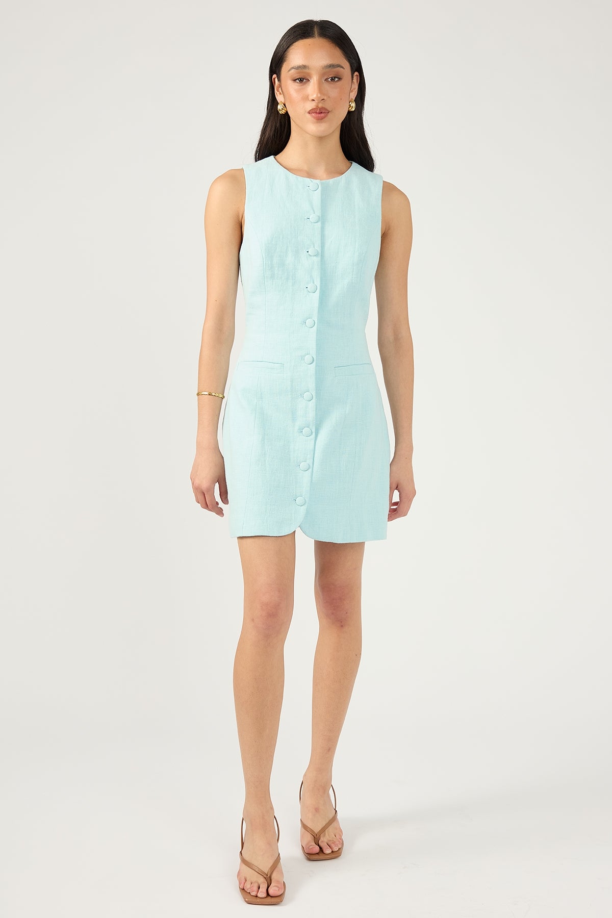 Perfect Stranger Menorca High Neck Linen Mini Dress Blue