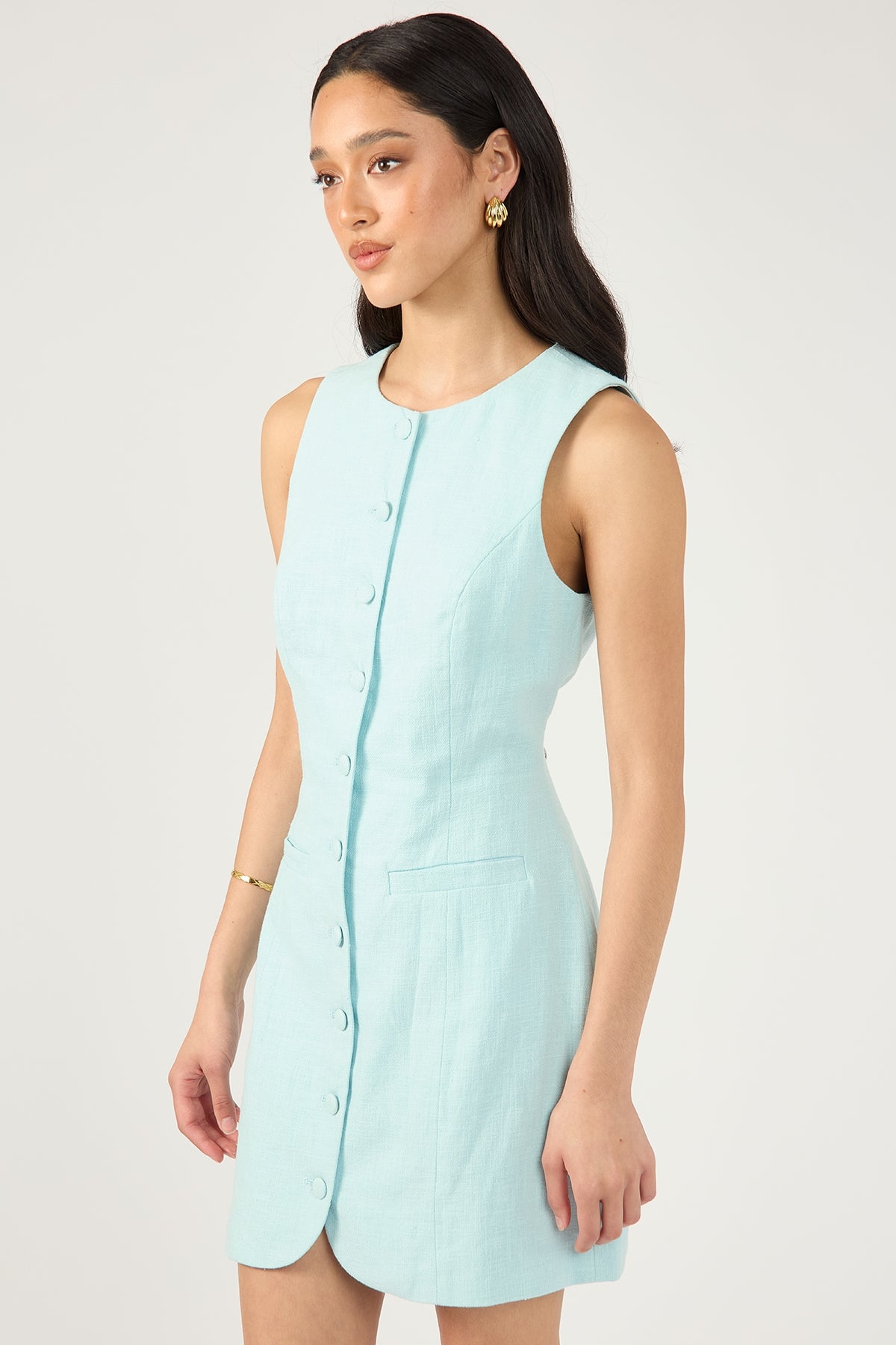 Perfect Stranger Menorca High Neck Linen Mini Dress Blue