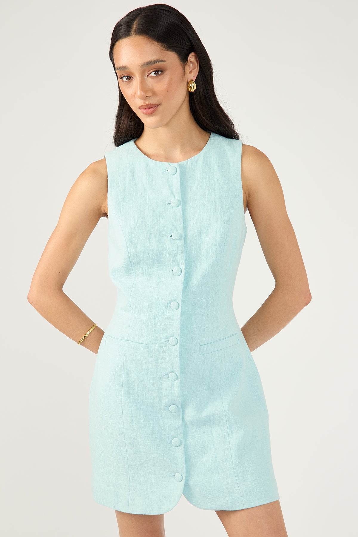 Perfect Stranger Menorca High Neck Linen Mini Dress Blue