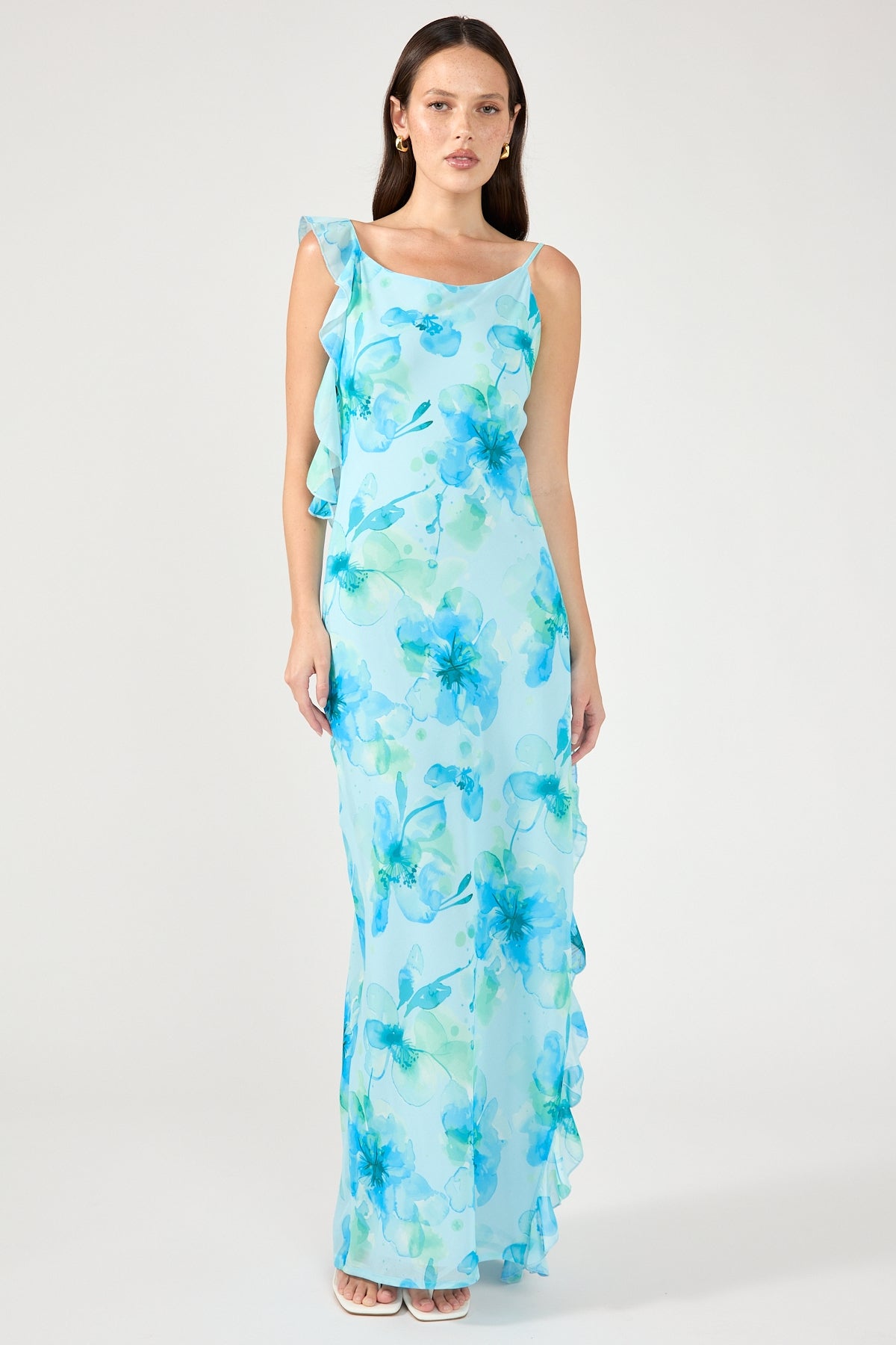 Perfect Stranger Moonlit Ruffle Maxi Dress Blue Print