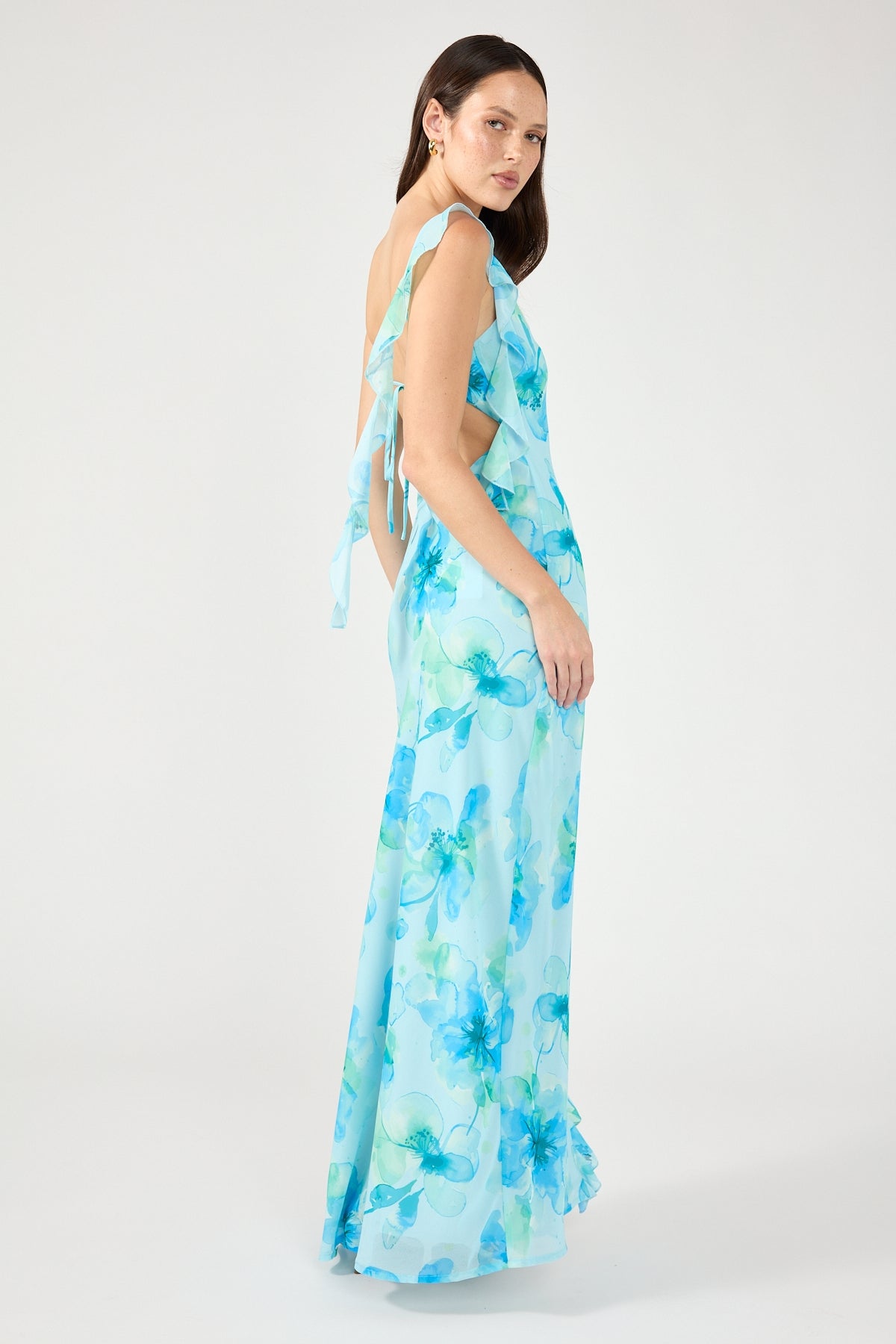 Perfect Stranger Moonlit Ruffle Maxi Dress Blue Print