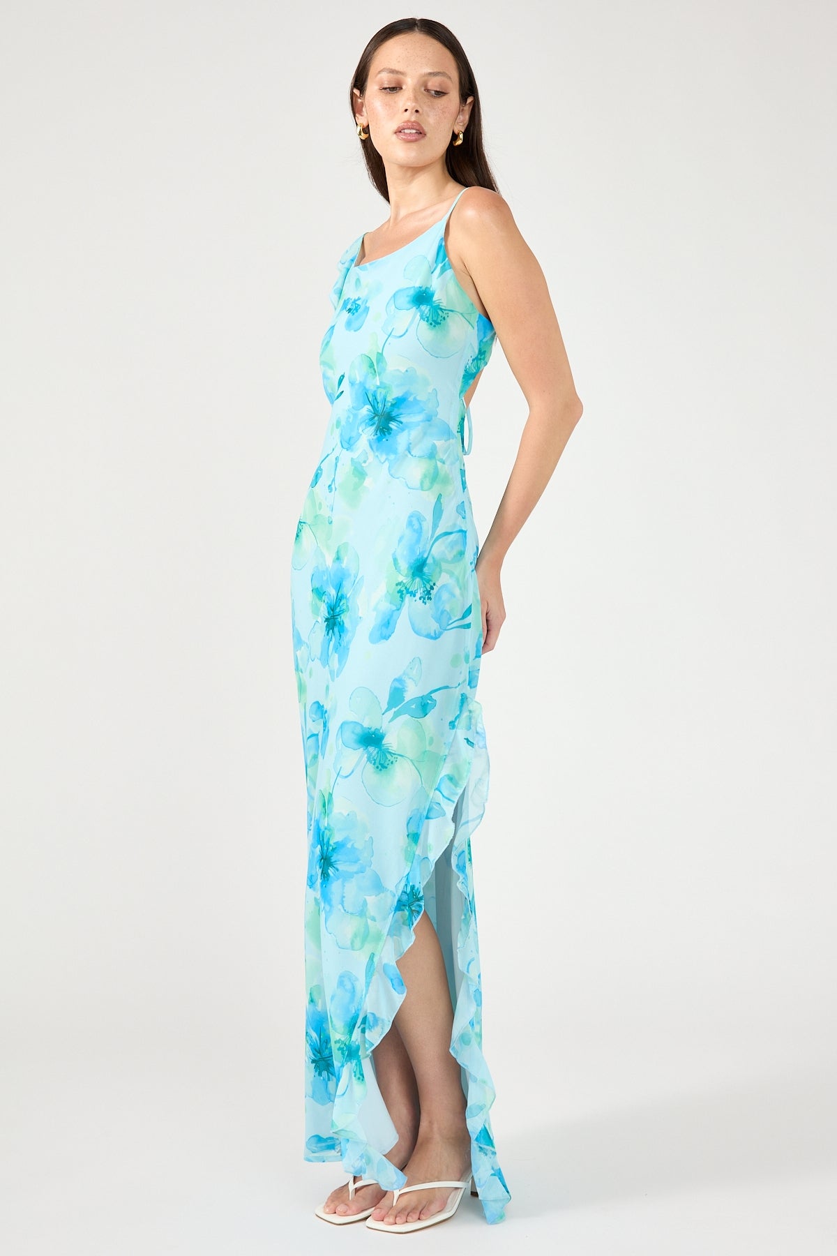 Perfect Stranger Moonlit Ruffle Maxi Dress Blue Print