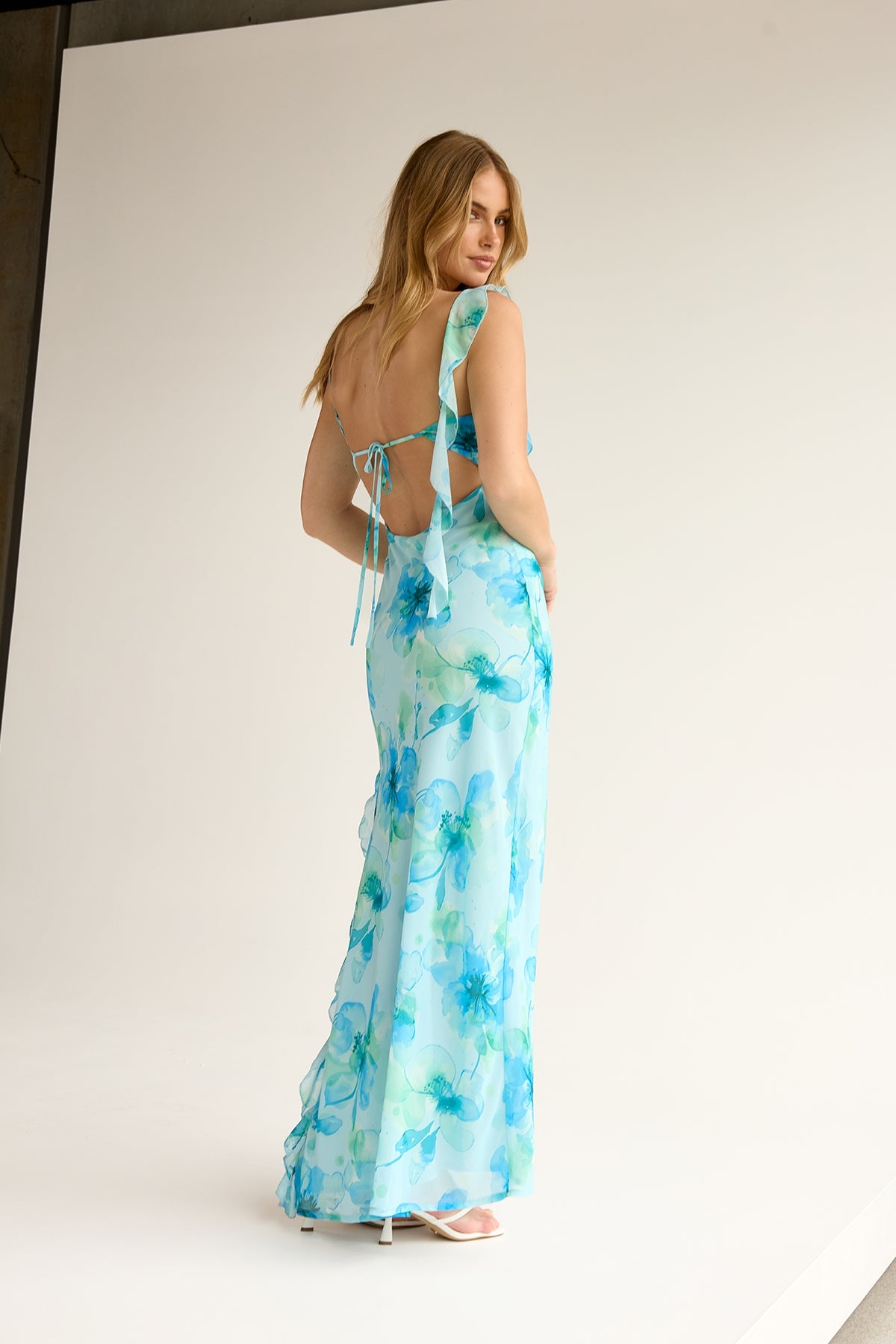 Perfect Stranger Moonlit Ruffle Maxi Dress Blue Print