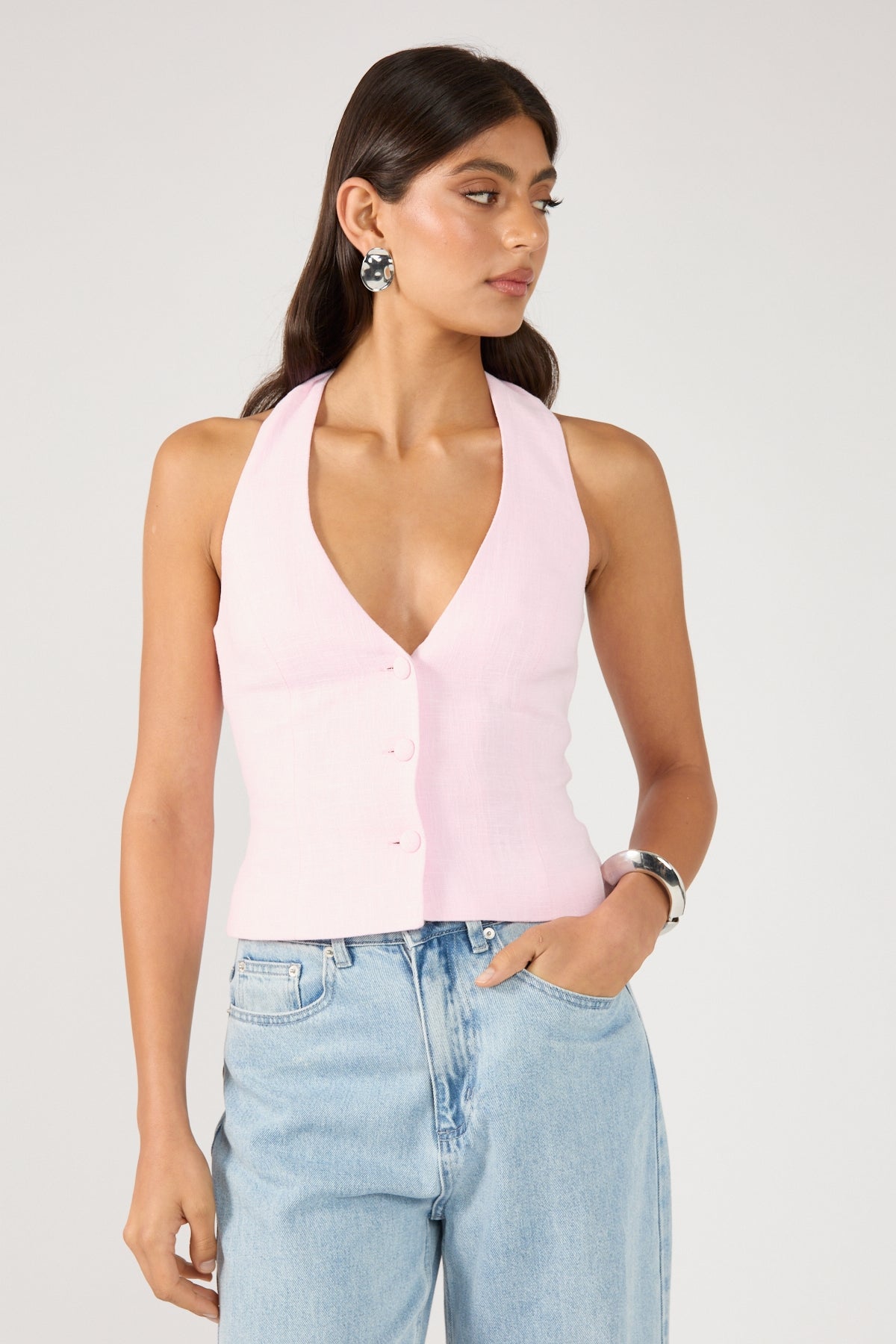 Perfect Stranger Menorca Halter Button Up Linen Top Pink