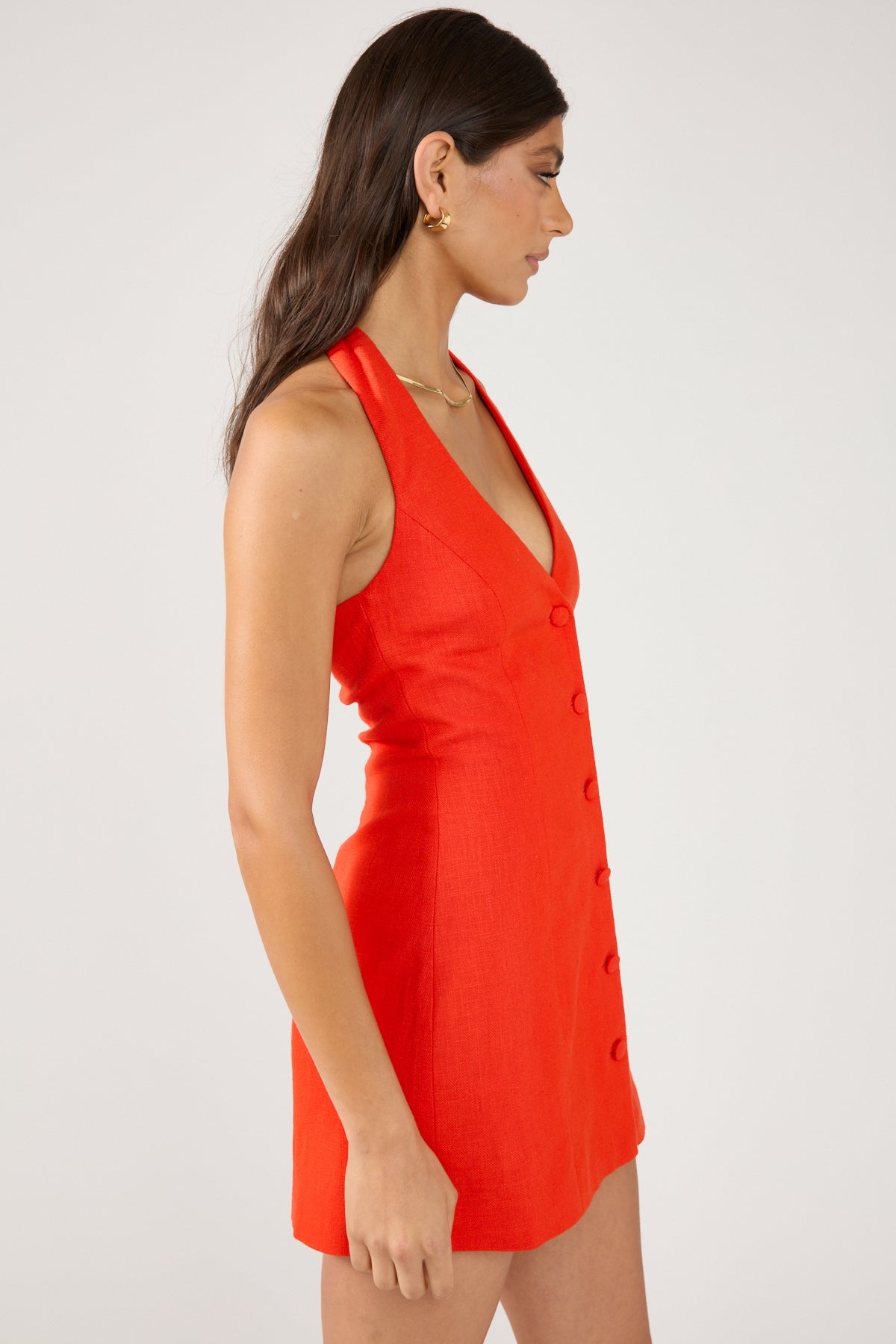 Perfect Stranger Menorca Halter Button Linen Mini Dress Red