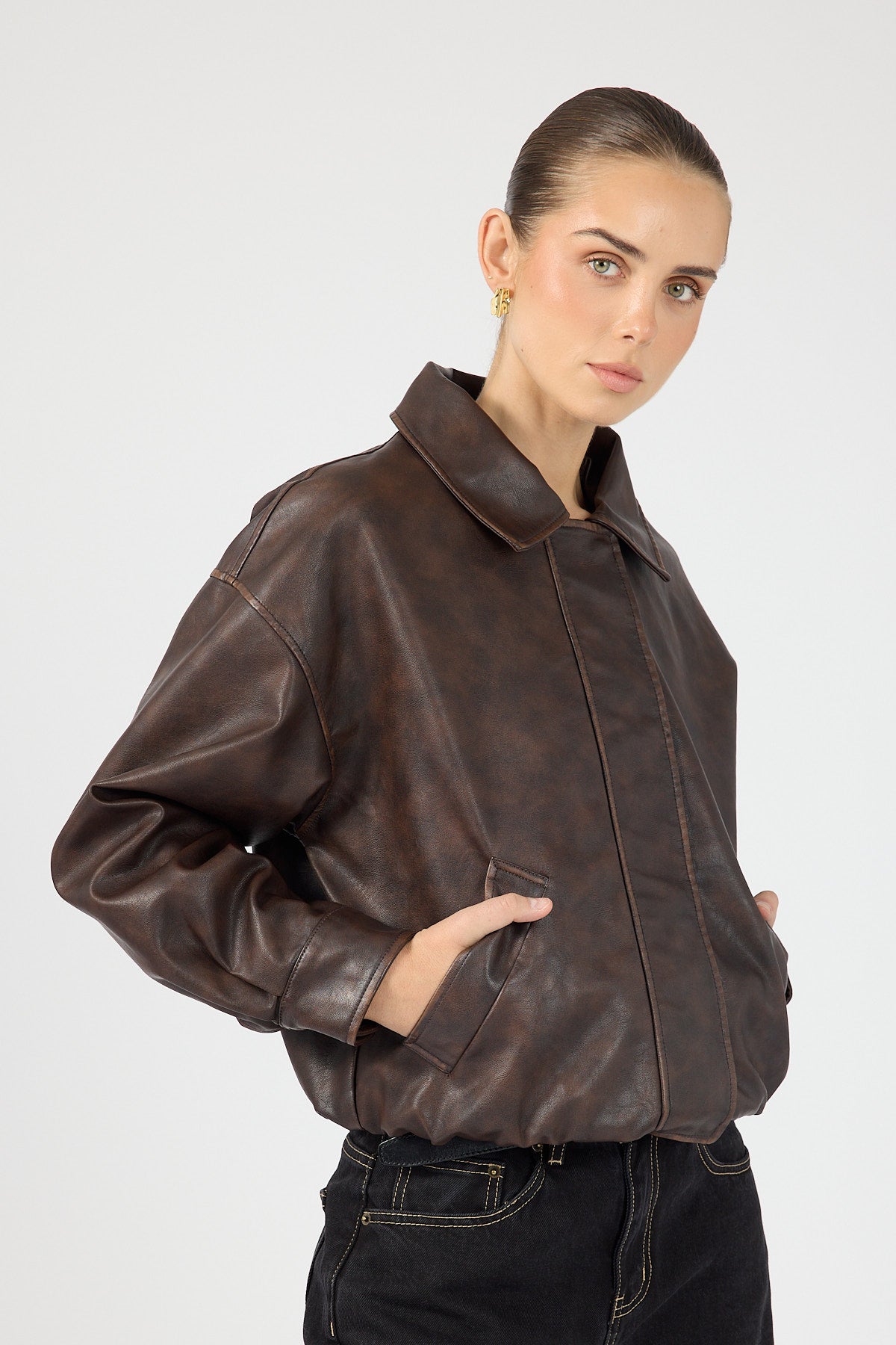 Perfect Stranger Washed Maxx Faux Leather Bomber Brown