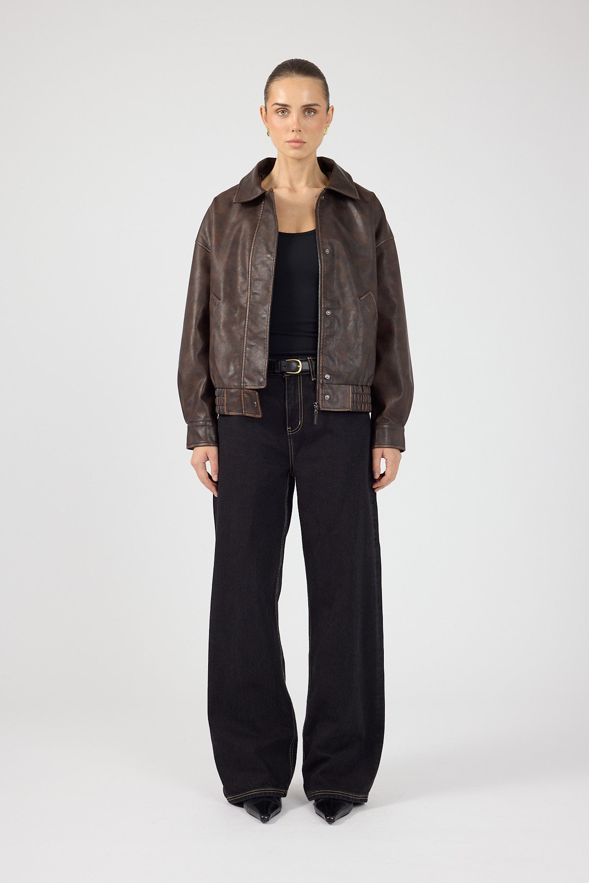 Perfect Stranger Washed Maxx Faux Leather Bomber Brown