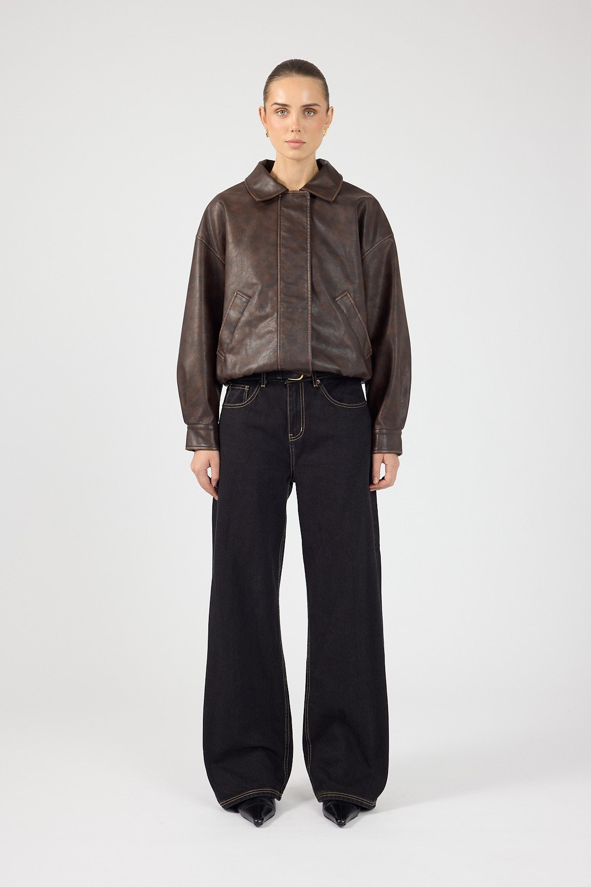 Perfect Stranger Washed Maxx Faux Leather Bomber Brown