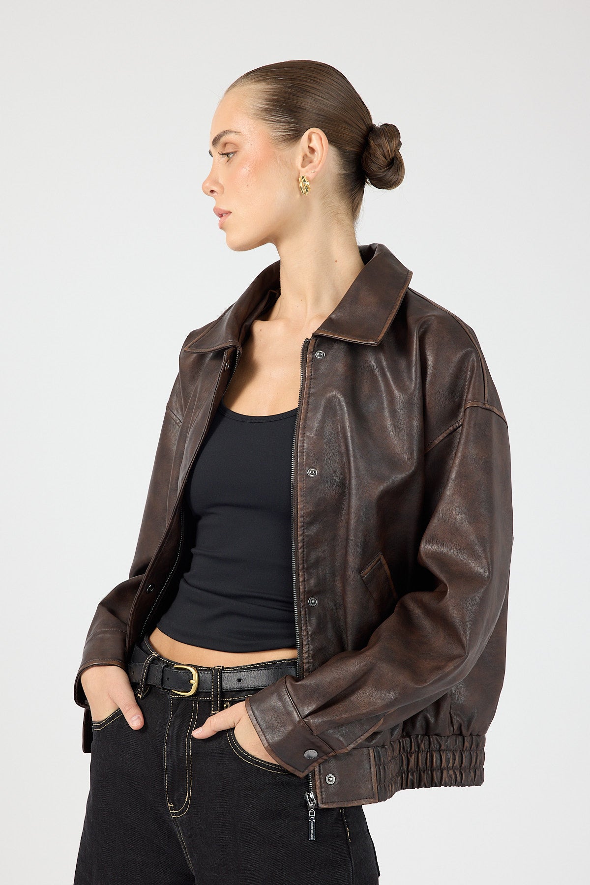 Perfect Stranger Washed Maxx Faux Leather Bomber Brown