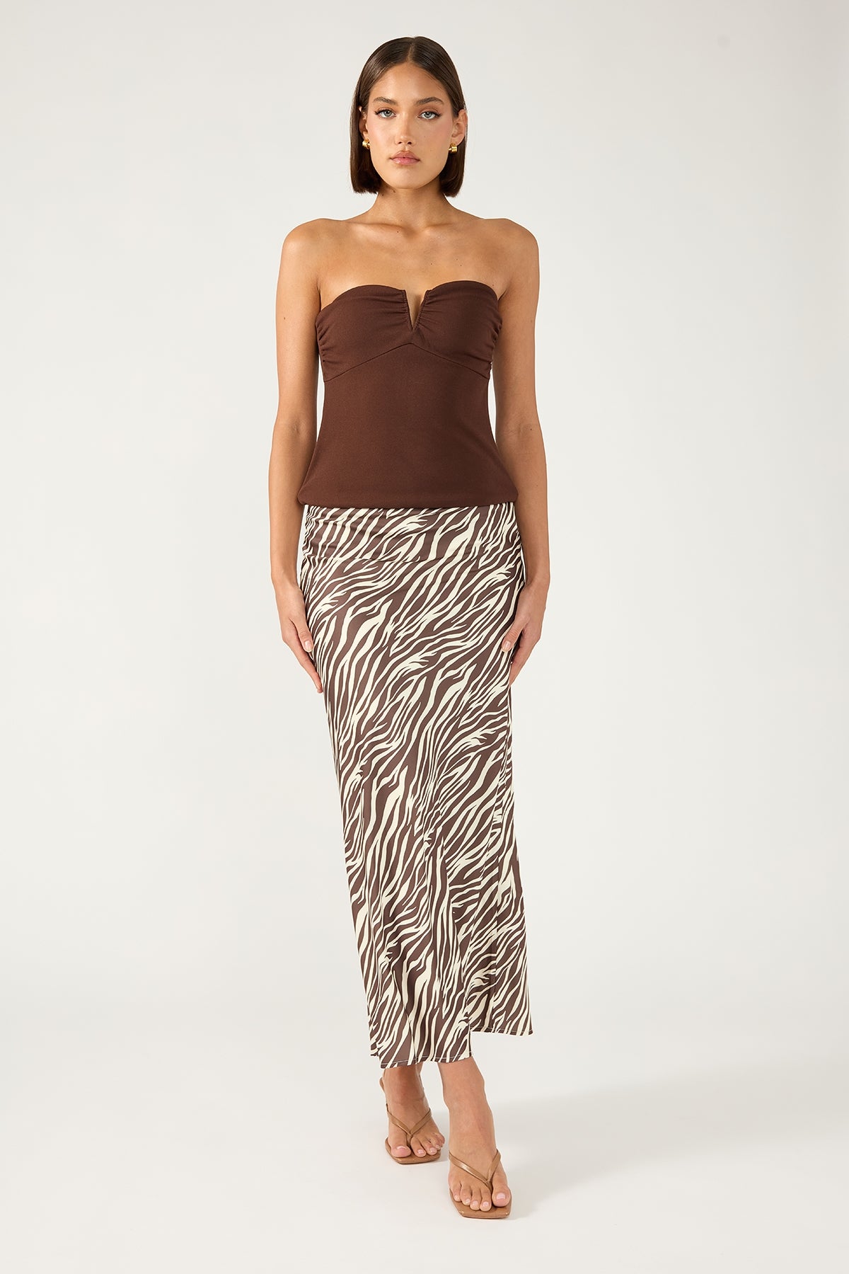 Perfect Stranger Ziva Satin Maxi Skirt Brown Print