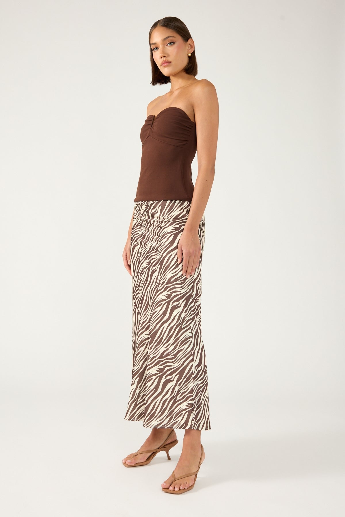 Perfect Stranger Ziva Satin Maxi Skirt Brown Print