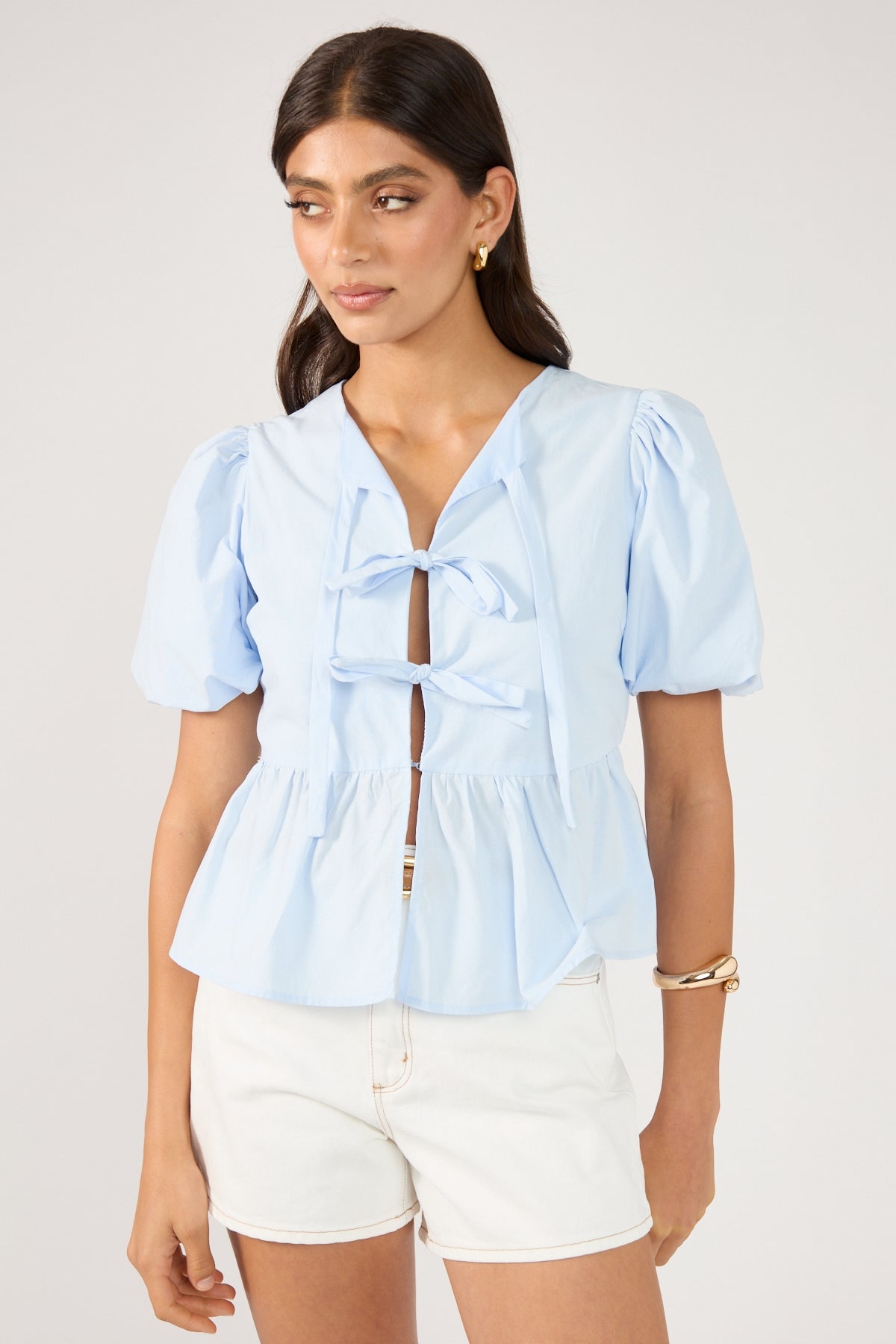 Perfect Stranger Ingrid Tie Front Short Sleeve Blouse Light Blue