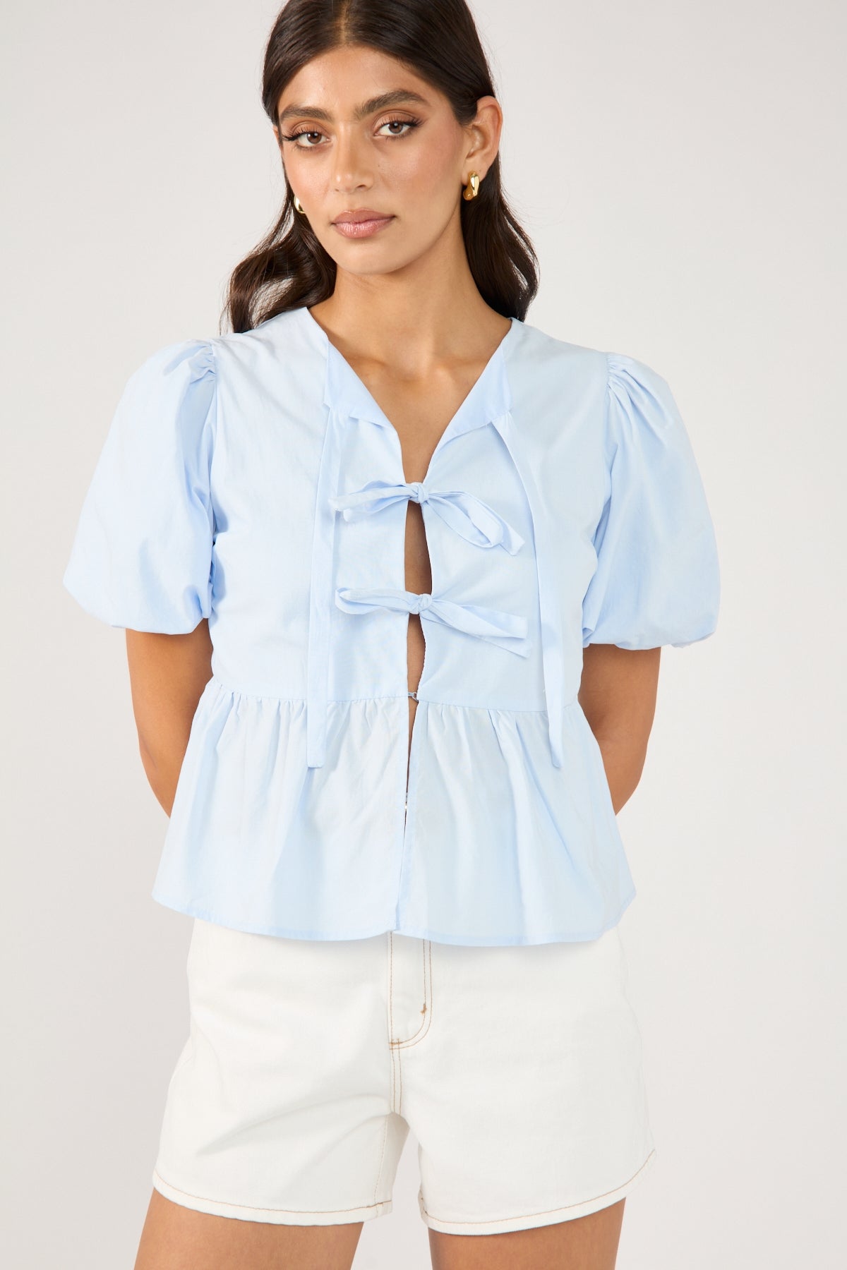 Perfect Stranger Ingrid Tie Front Short Sleeve Blouse Light Blue