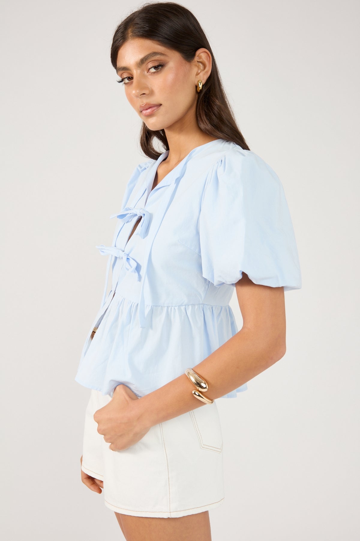 Perfect Stranger Ingrid Tie Front Short Sleeve Blouse Light Blue