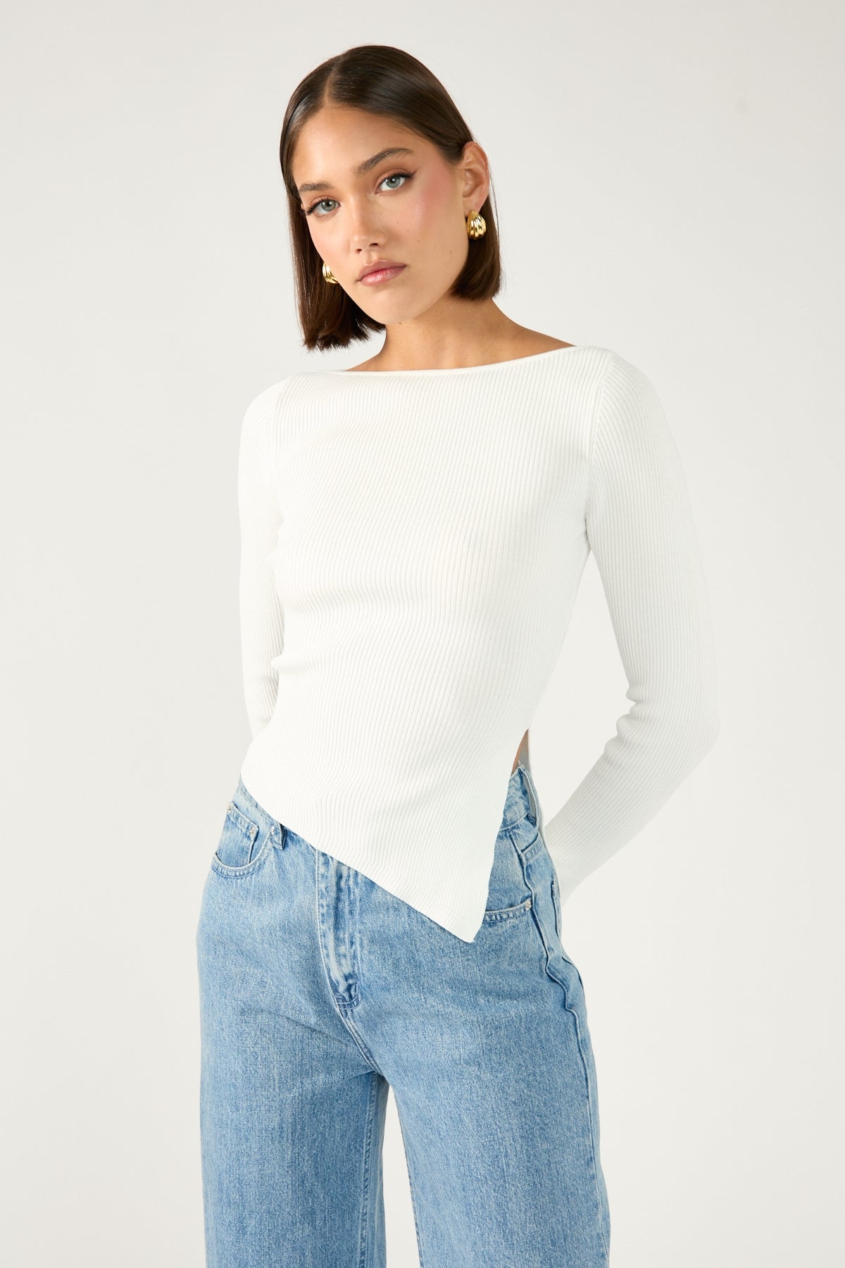 Perfect Stranger Long Sleeve Asym Rib Knit Top White