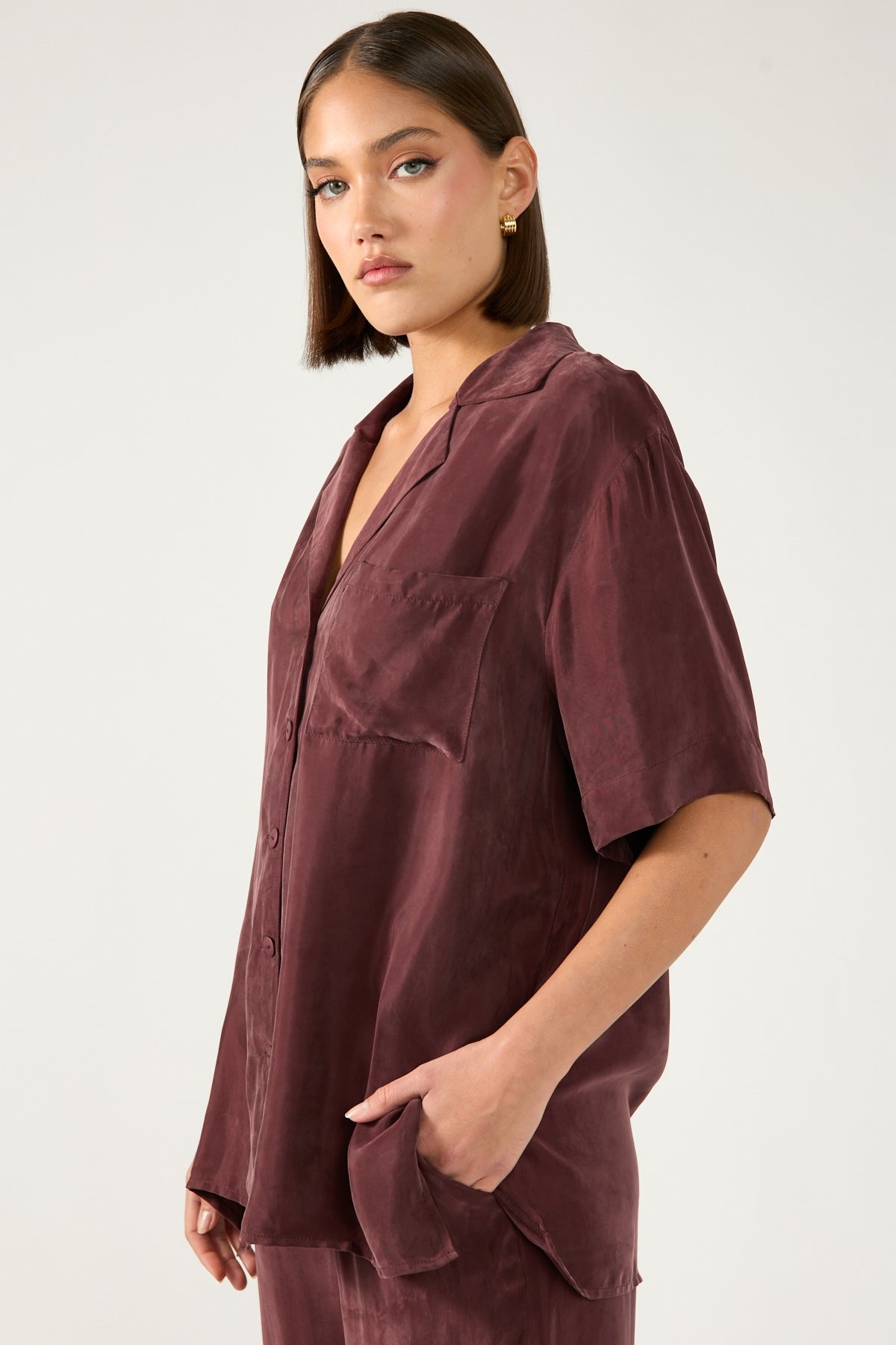 Perfect Stranger Ace Cupro Button Up Shirt Burgundy