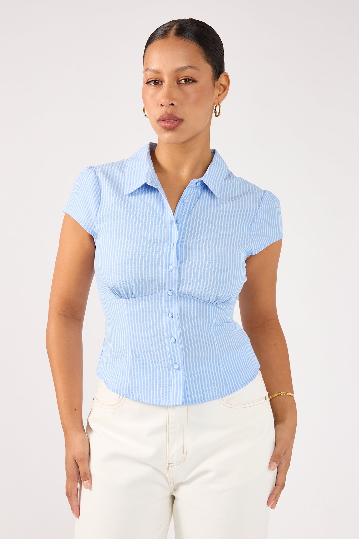 Perfect Stranger Serena Fitted Short Sleeve Shirt Light Blue