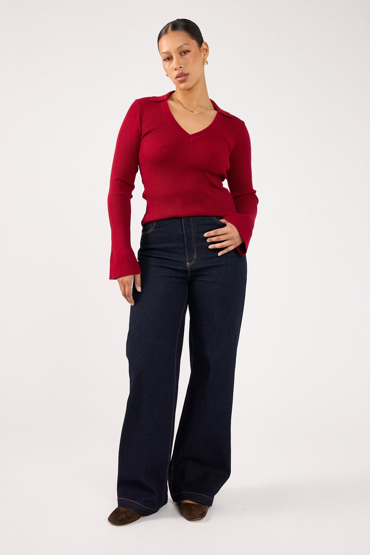 Perfect Stranger Fiorelle Knitted Long Sleeve Polo Burgundy