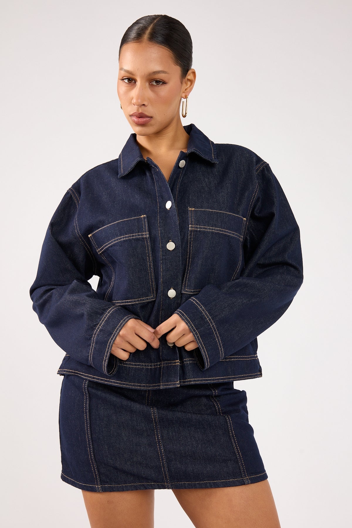 Perfect Stranger Mila Denim Boxy Shirt Dark Blue Denim