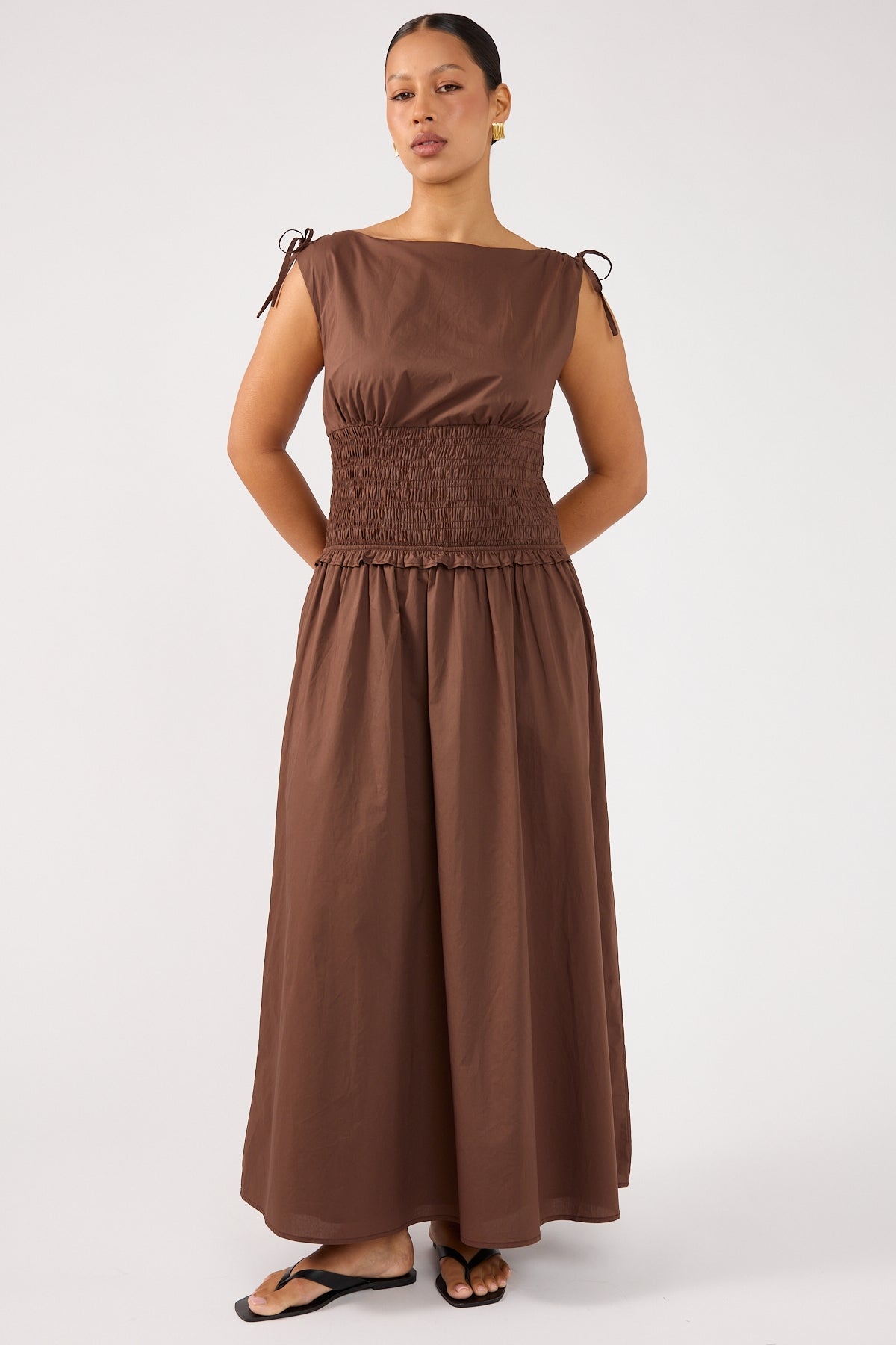 Perfect Stranger Bello Shirred Boat Neck Maxi Dress Brown
