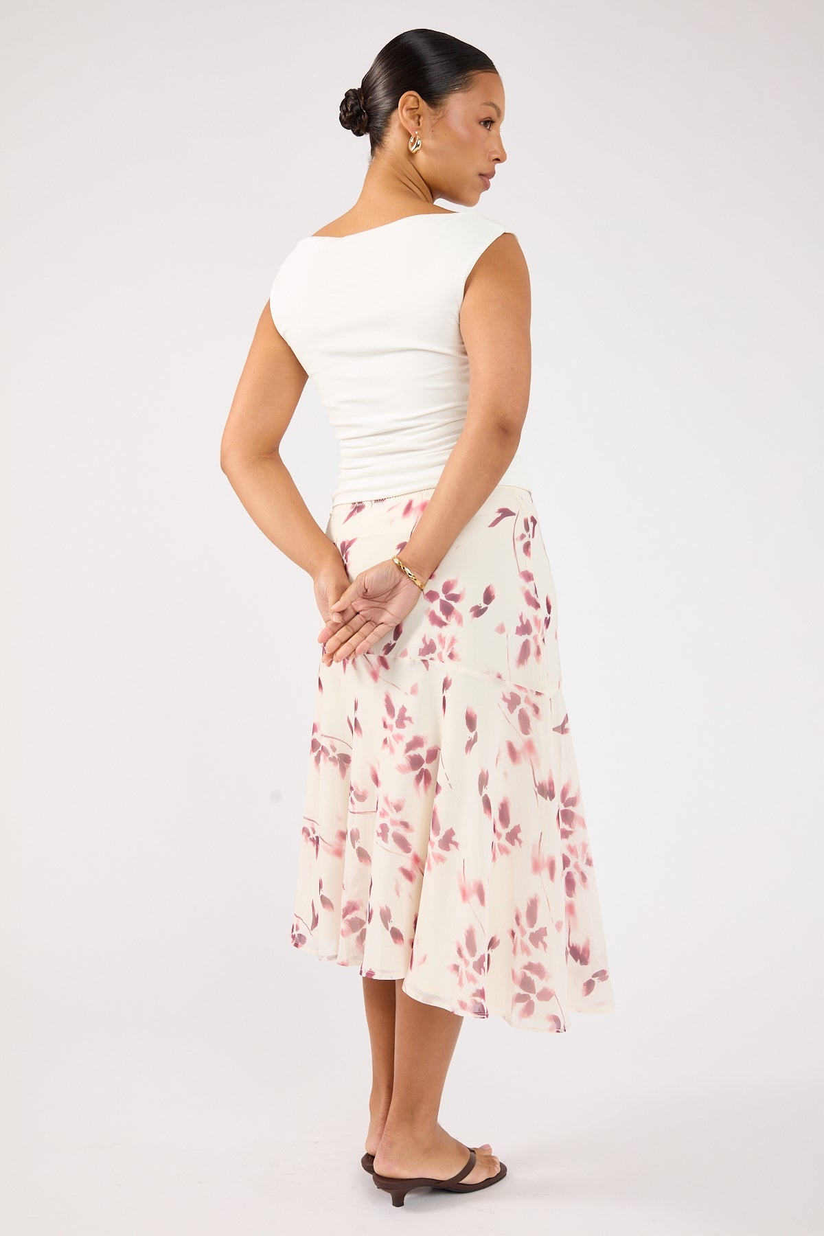 Perfect Stranger Charlotte Asym Midi Skirt Burgundy Print