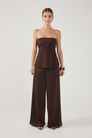 Perfect Stranger Ellie Satin Mid Rise Tailored Pants Brown