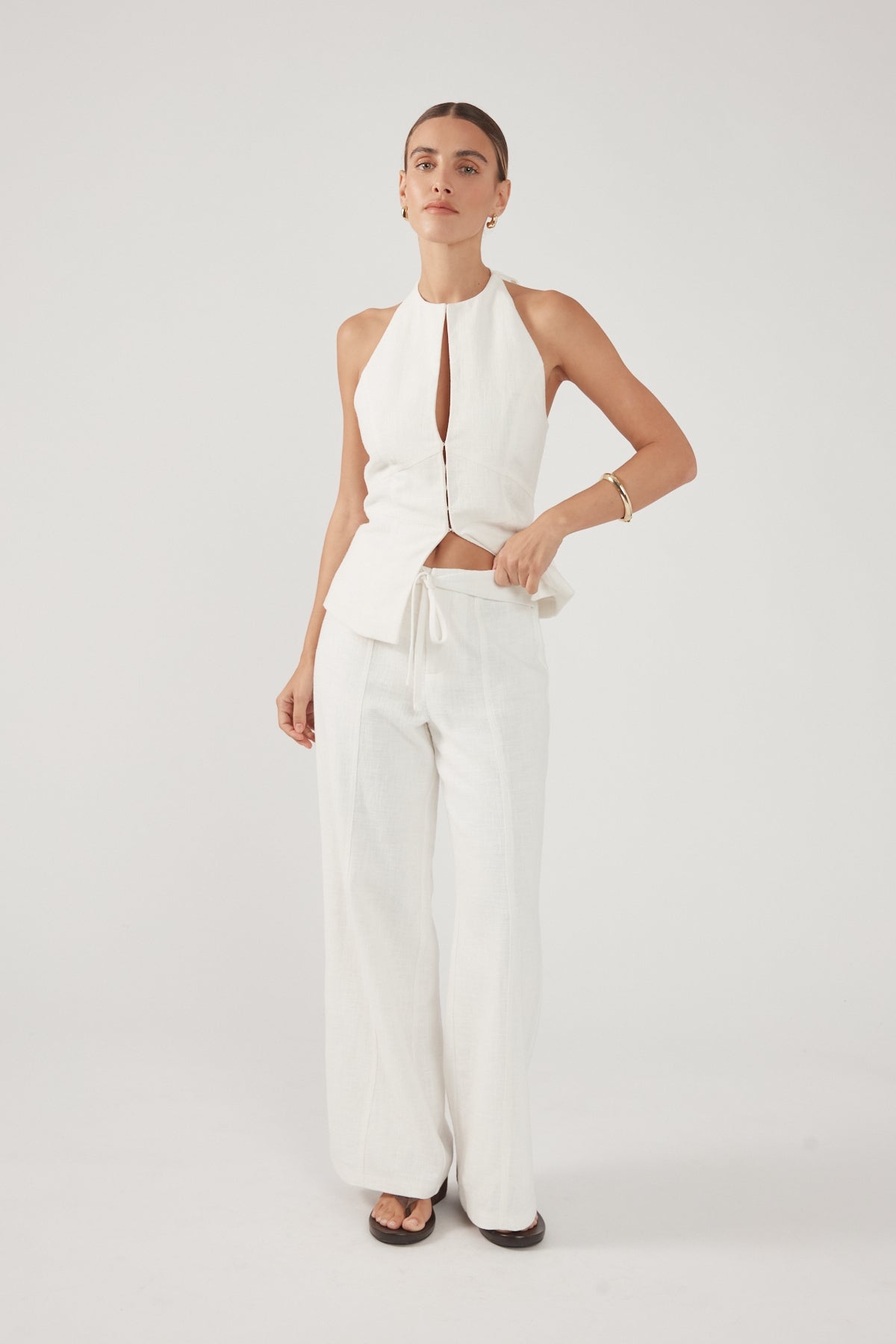 Perfect Stranger Maui Tie Front Low Rise Linen Pant White