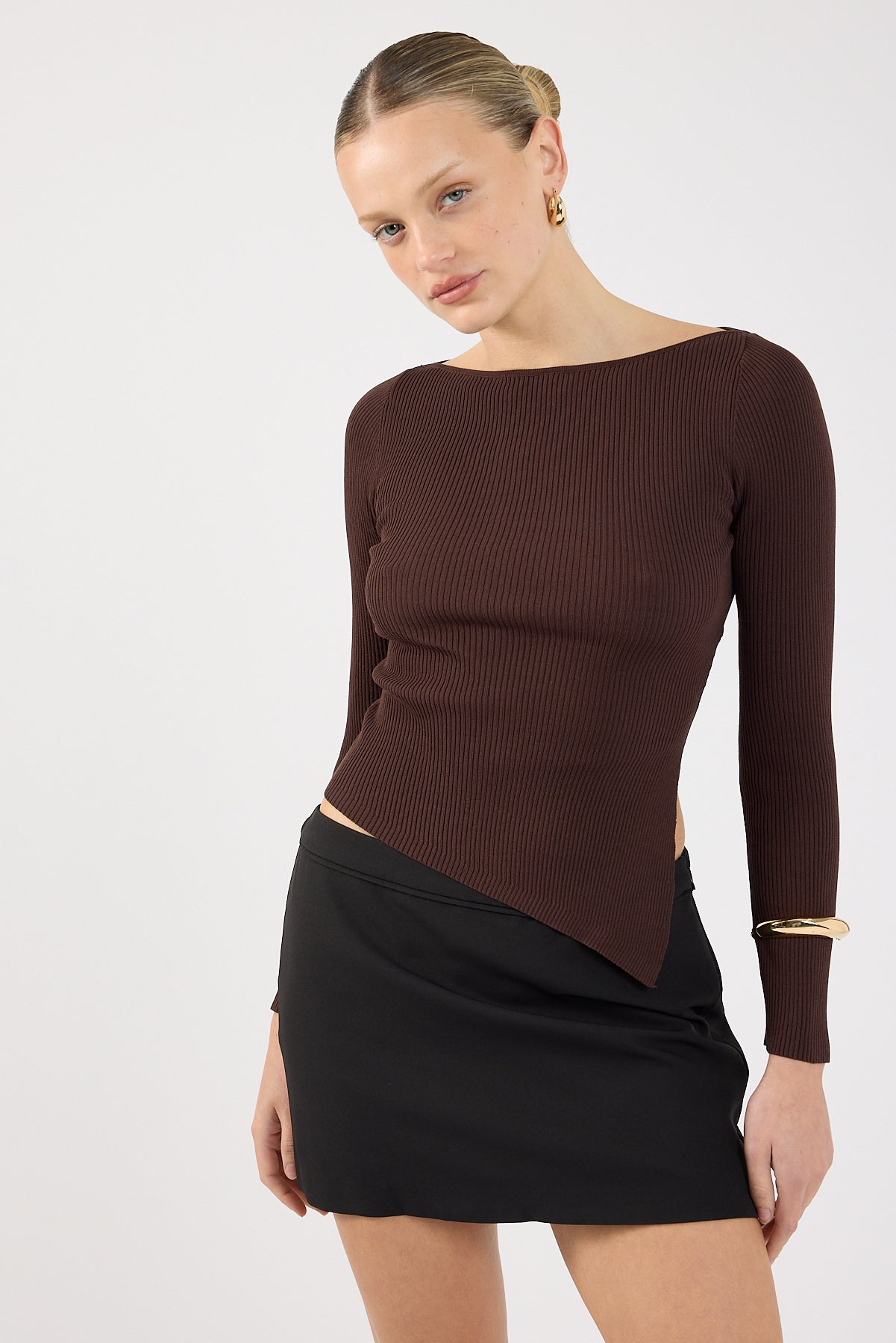 Perfect Stranger Long Sleeve Asymmetrical Rib Knit Top White